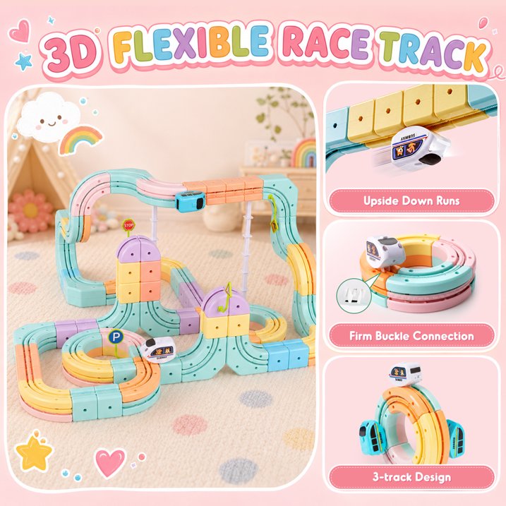 134PCS Electric Train Set for Kids, Gravity-Defying 3D Train Track Set, Flexible Snap-On Race Car Track, STEM Building Train Toy Birthday Gifts for Boys Girls 3 4 5 6 7 8