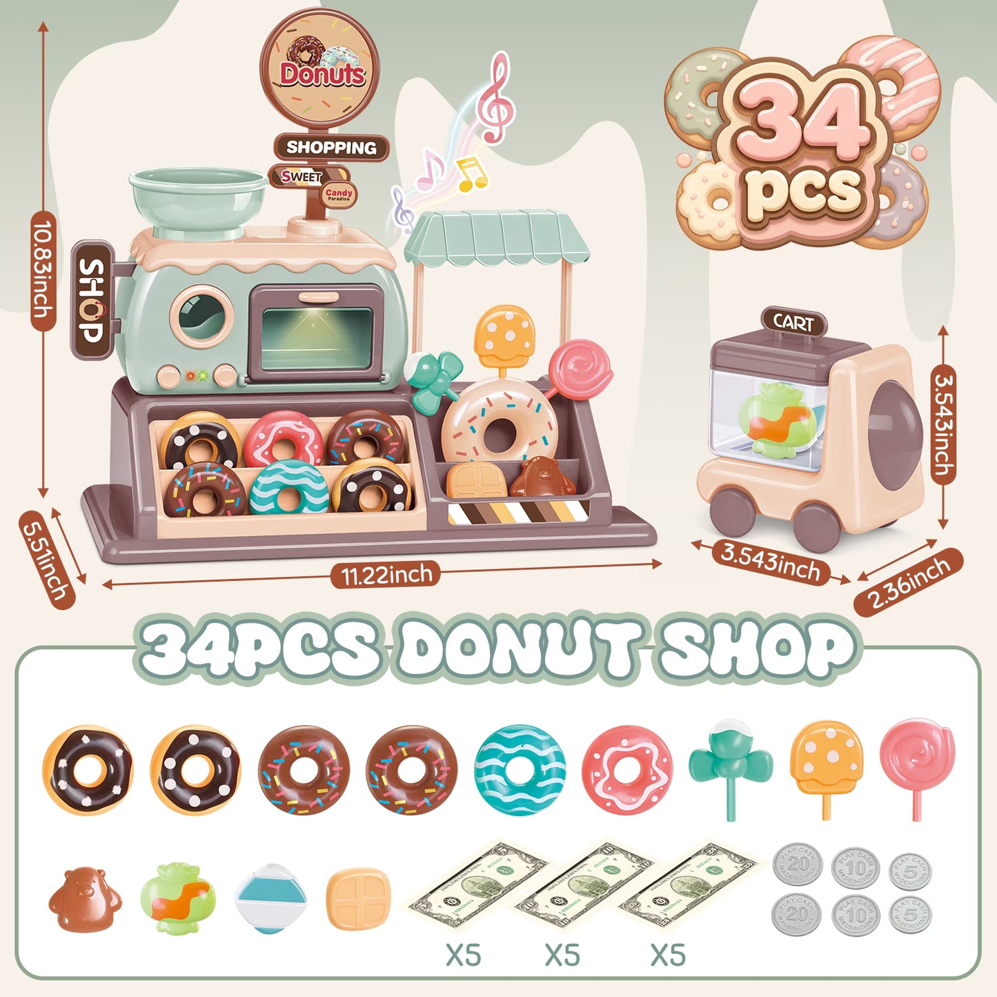 Donut Shop Playset for Kids, Pretend Play Food Set for Kids Kitchen with Light and Sound Toy Oven, Ice Cream Cart, Toy Food Birthday Gift for Girls Ages 3 4 5 6 Years.