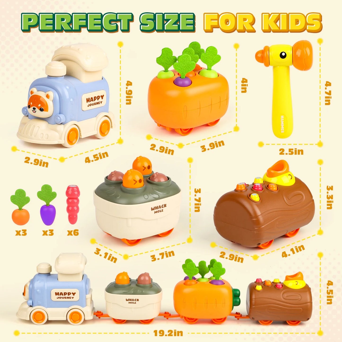 Press and Go Toy Cars for Toddlers 1-3, 4-in-1 Baby Push Car, Carrot Harvest Game, Whack-A-Mole, Woodpecker Worm, Train Car Toy Christmas Birthday Gift for 12-36 Months Baby Boys Girls