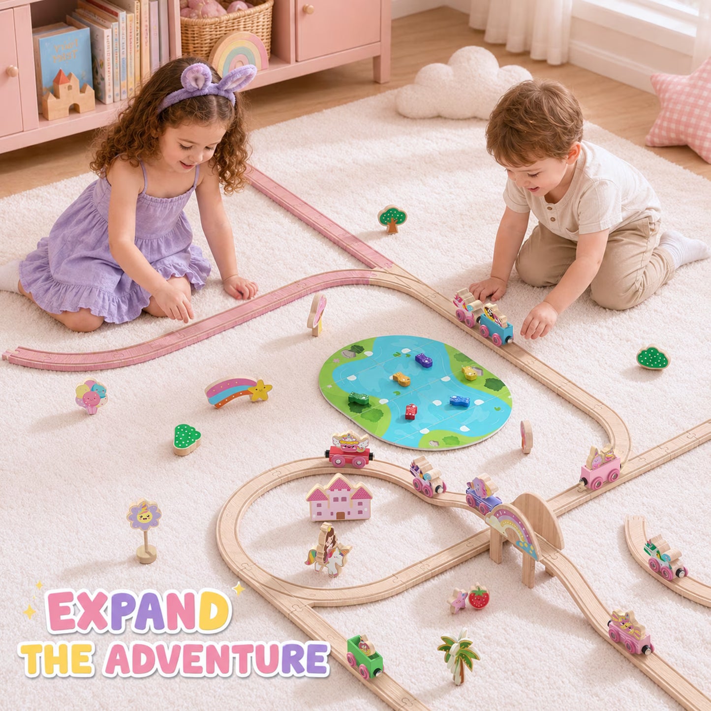 110PCS Wooden Train Set for Toddlers 2-4, Unicorn Train Toy for Girls with Fishing Puzzle, Wooden Train Track Toy Birthday Gift for Kids Girls Ages 3 4 5 6
