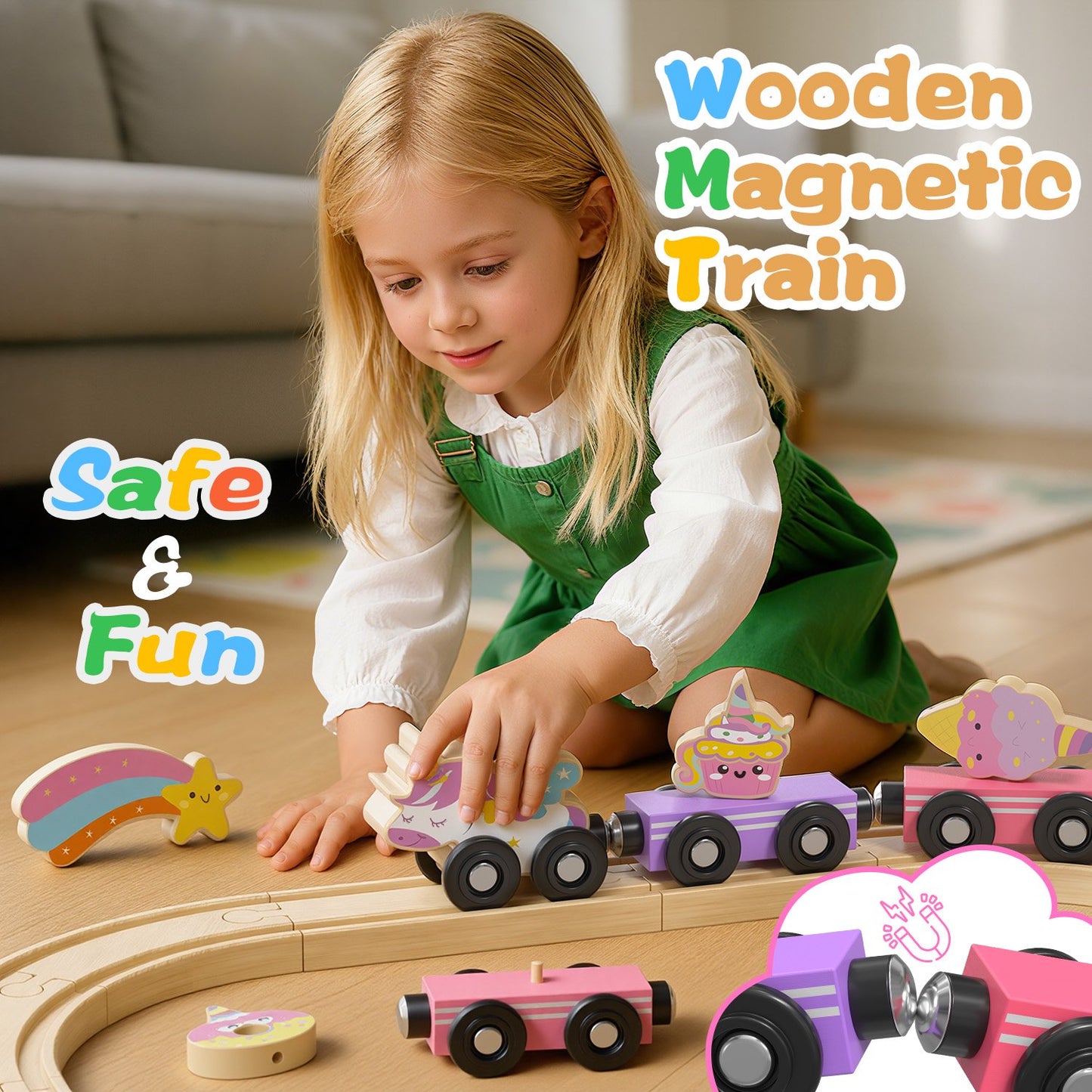Wooden Train Set for Kids, Wooden Train Track for Toddlers 2 3 4 5, Unicorn Train Toy with 4 Magnetic Trains & Accessories, Railway Playset Christmas Birthday Gifts for 3 4 5 6 Year Girls Boys