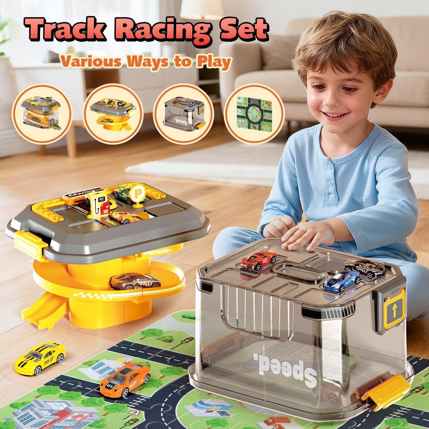 Puzzle Track Car Play Set, Parking Lot Toddler Race Car Track Toy Set for Kids with 6 Alloy Cars , Racing Toys for 3-8 Years Old Boys Kids Toddler Car Games Christmas Birthday Gifts