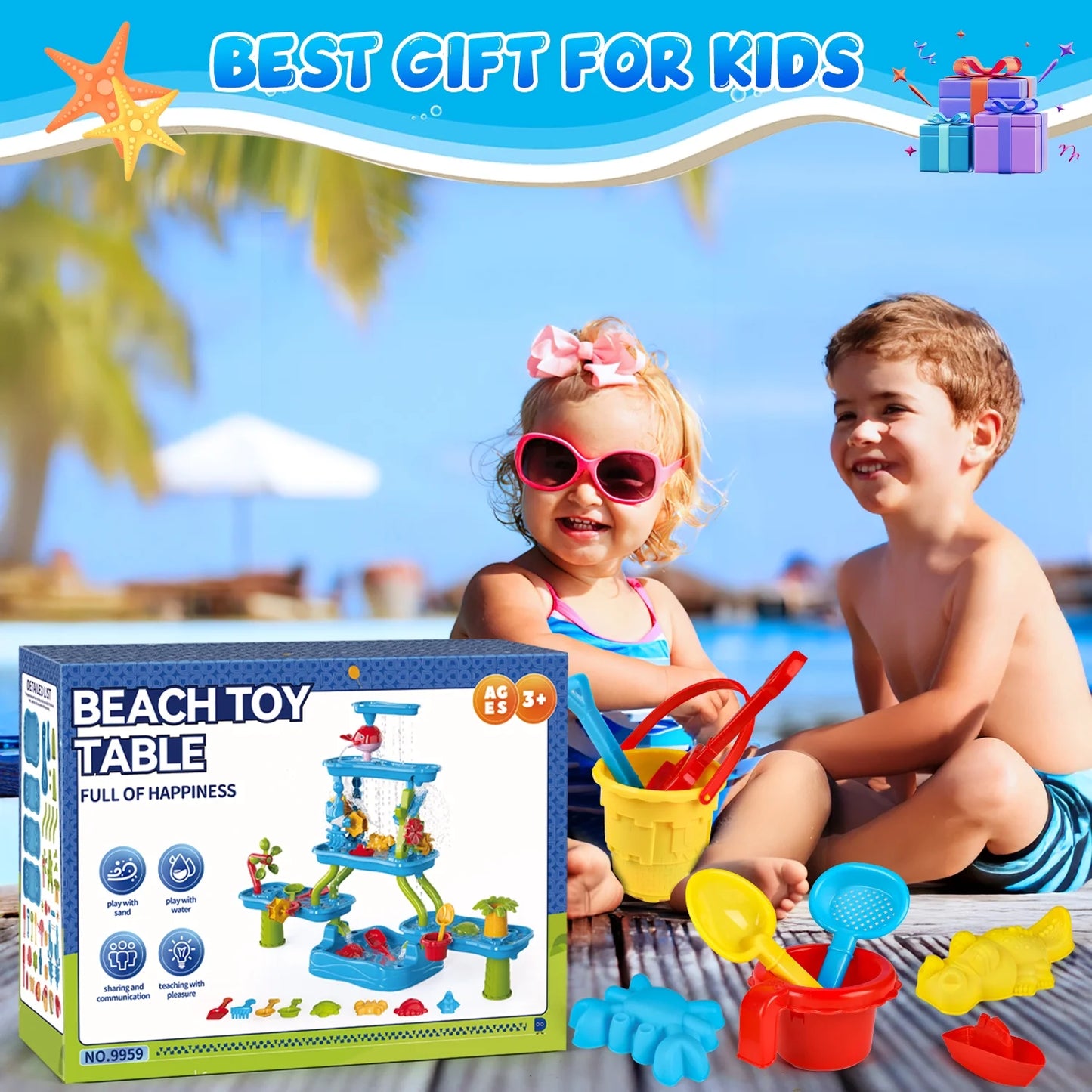 Sand Water Table for Toddlers, Summer Toys Outdoor Sand Play Set for Kids Boy Girls Aged 1 2 3+