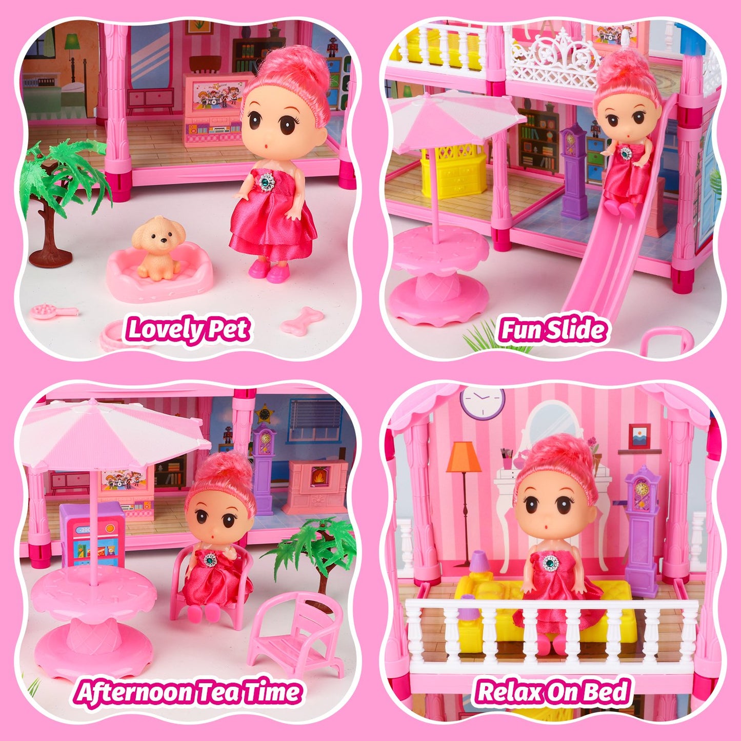 Dollhouse Kit for Girls Ages 3-6, 131PCS Pink DIY Pretend Play Toy House With Slide, Lights, 4 Rooms 2 Balconies Furniture, Birthday Gift for 2 3 4 5 Years Old Girls/Kids/Toddlers.