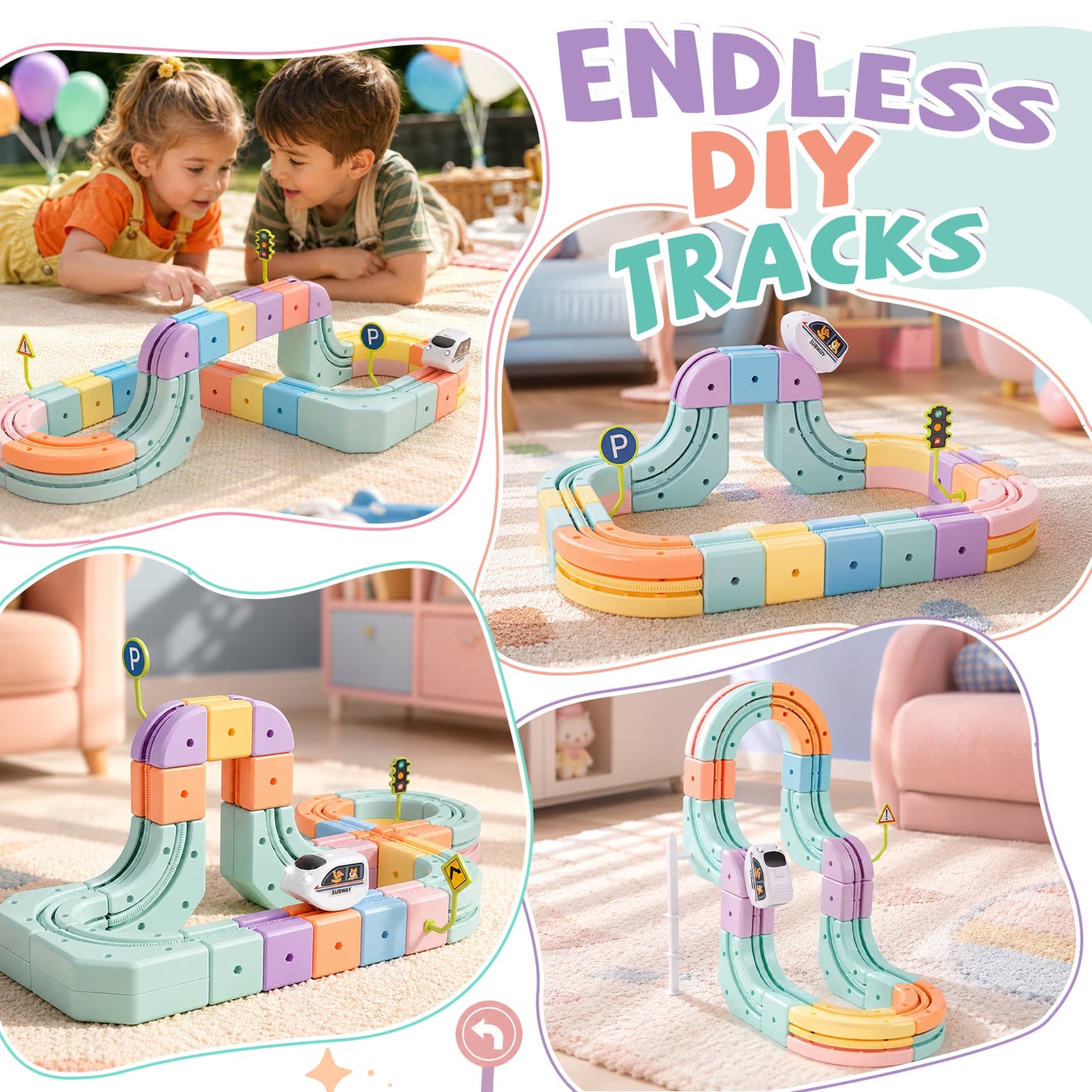 Electric Train Set for Kids Ages 3-8, 3D Gravity-Defying Train Track with Flexible Snap-On Race Car Track, STEM Building Train Toy Gifts for Boys Girls