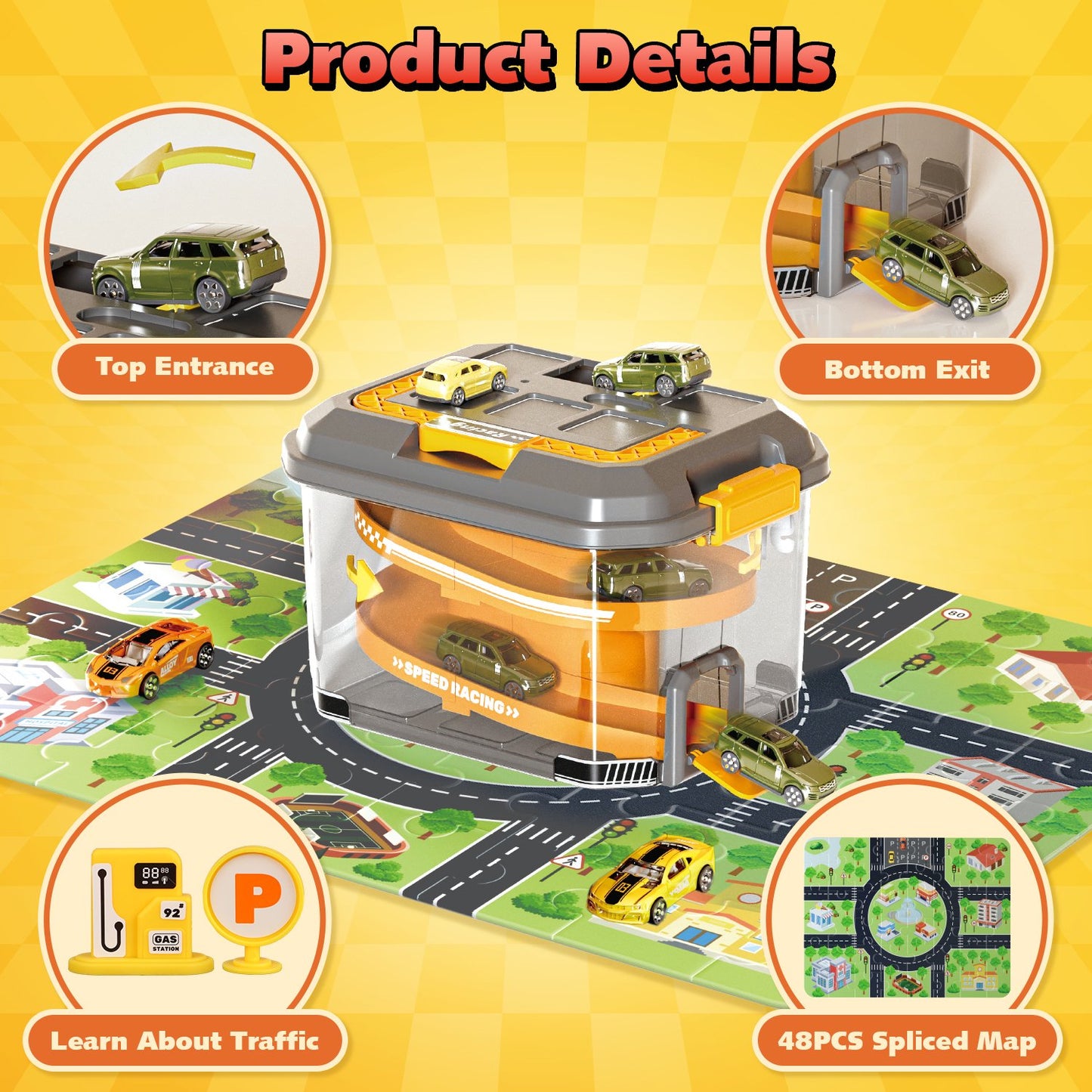 Puzzle Track Car Play Set, Parking Lot Toddler Race Car Track Toy Set for Kids with 6 Alloy Cars , Racing Toys for 3-8 Years Old Boys Kids Toddler Car Games Christmas Birthday Gifts