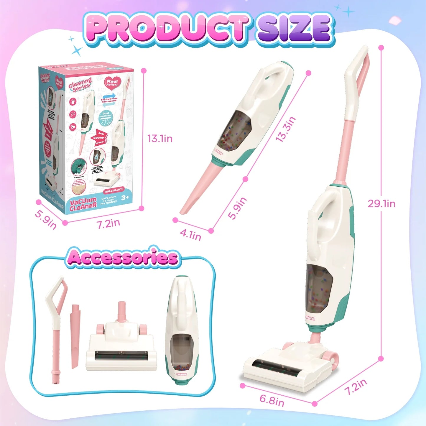 Kids Vacuum Really Works, 2 In 1 Toddler Toy Cleaning Set , Kids Vacuum Cleaner Toy with Real Suction,Sound,2 Nozzles, Pretend Play Cleaning Toy Vacuum for Toddlers 1-3, Gift for Girls Ages 3-6.