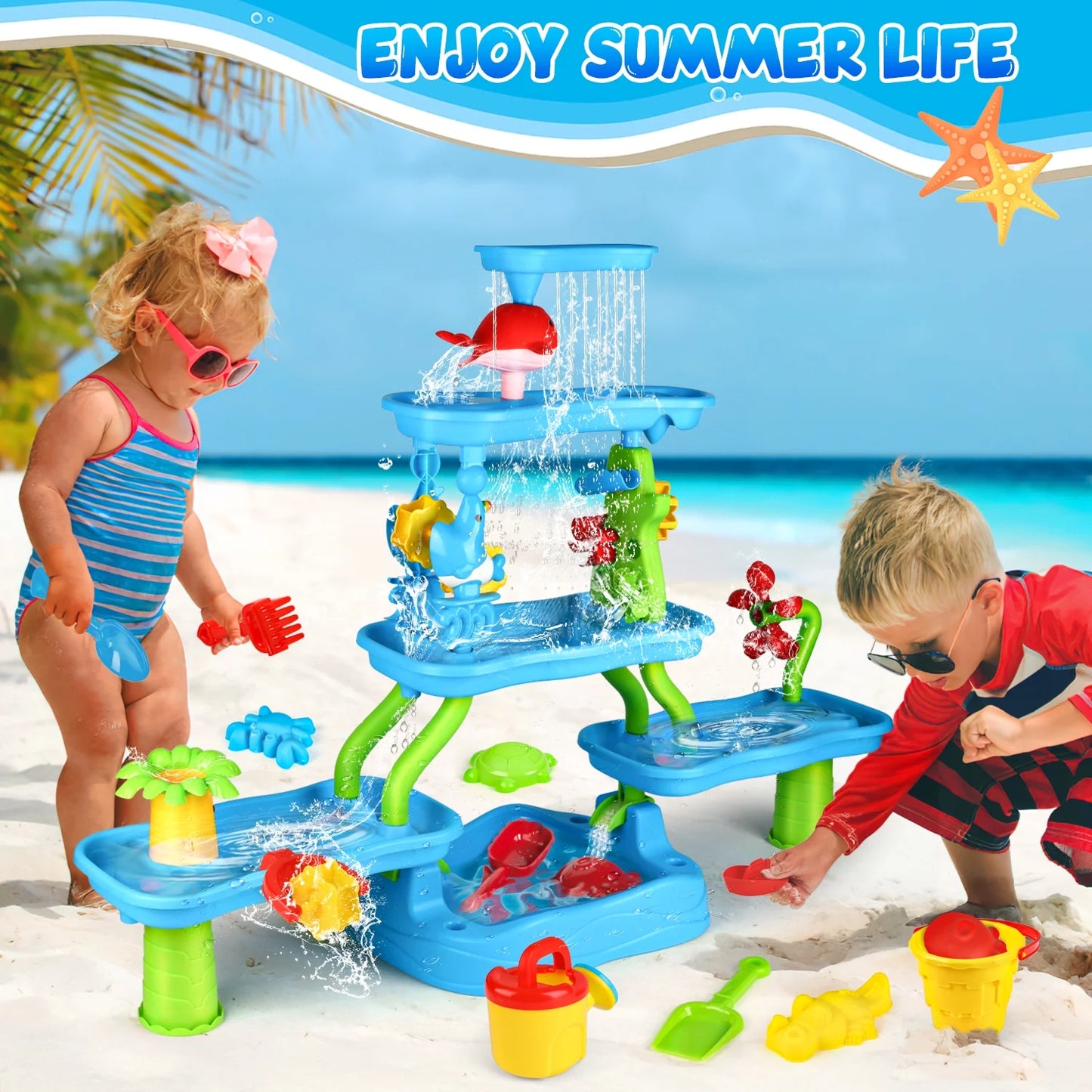 Sand Water Table for Toddlers, Summer Toys Outdoor Sand Play Set for Kids Boy Girls Aged 1 2 3+