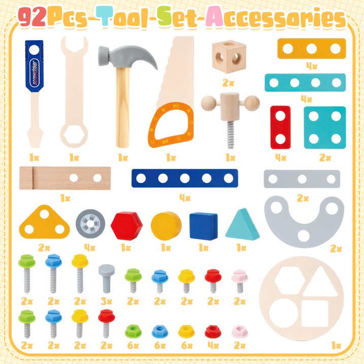 Kids Tool Set for Boys Age 2-6, 92Pcs Wooden Toddler Tool Bench, Kids Workbench with Realistic Tools, Montessori Educational STEM Construction Pretend Play Toy Birthday Gift for Boys Toddlers