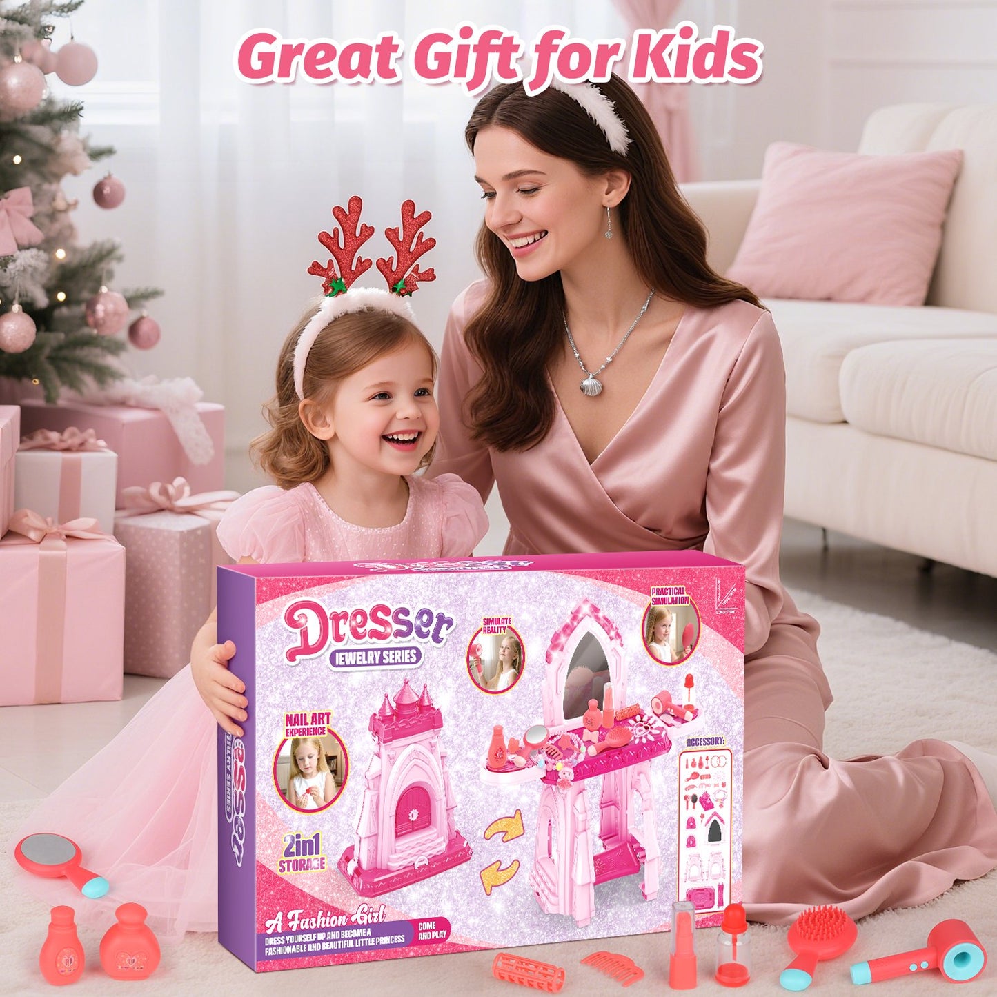 2 in 1 Toddler Vanity Set Play, Girls Makeup Table with Mirror and Lights, Castle with Storage Space, Kids Vanity Pretend Makeup Set Toys, Birthday Gifts for Toddler Girls 2 3 4 5 6 Year Old