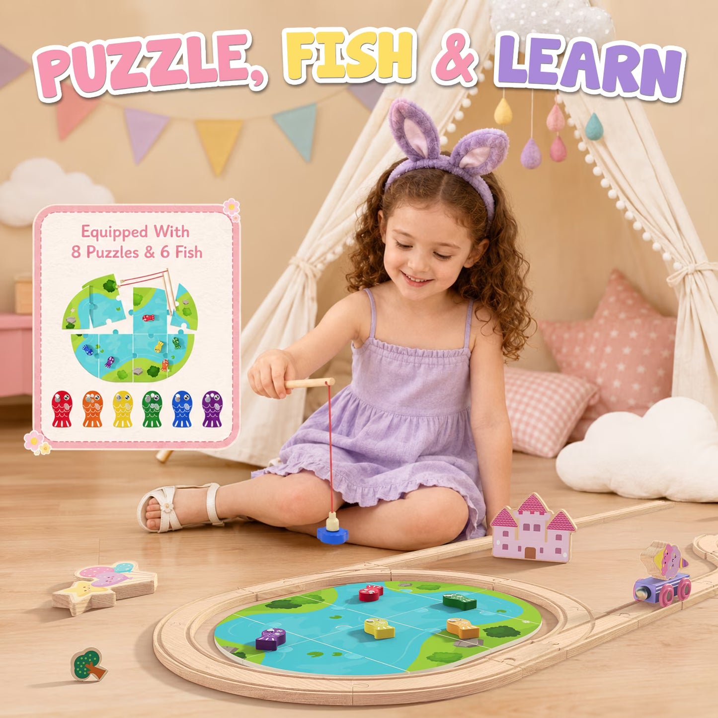 110PCS Wooden Train Set for Toddlers 2-4, Unicorn Train Toy for Girls with Fishing Puzzle, Wooden Train Track Toy Birthday Gift for Kids Girls Ages 3 4 5 6