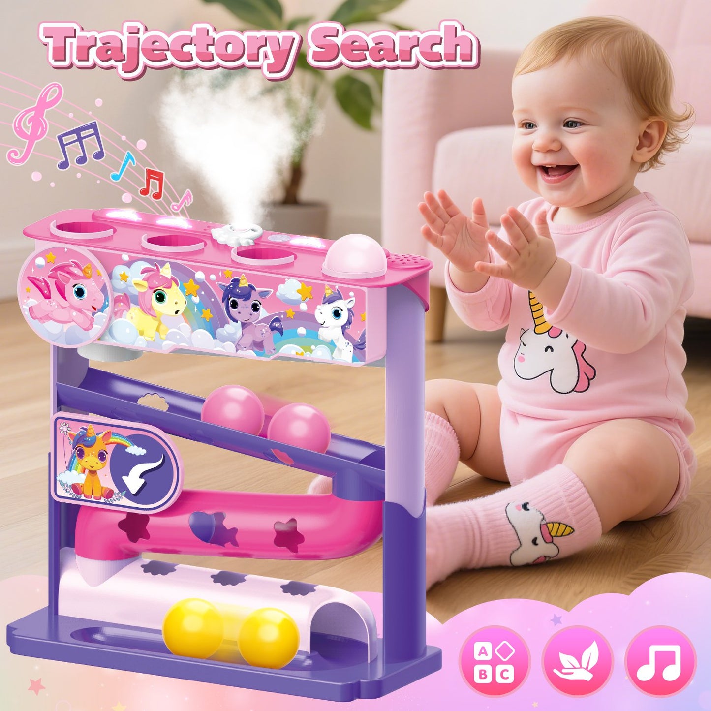 Ball Drop Toys for 1 Year Old, Stacking Toys Drop Ball Tower for Toddlers 1-3, Baby Unicorn Toy with Light Music Spraying, Drop Ball Baby Toy, Birthday Gifts for Girl Boy Age 6-18 Months Old