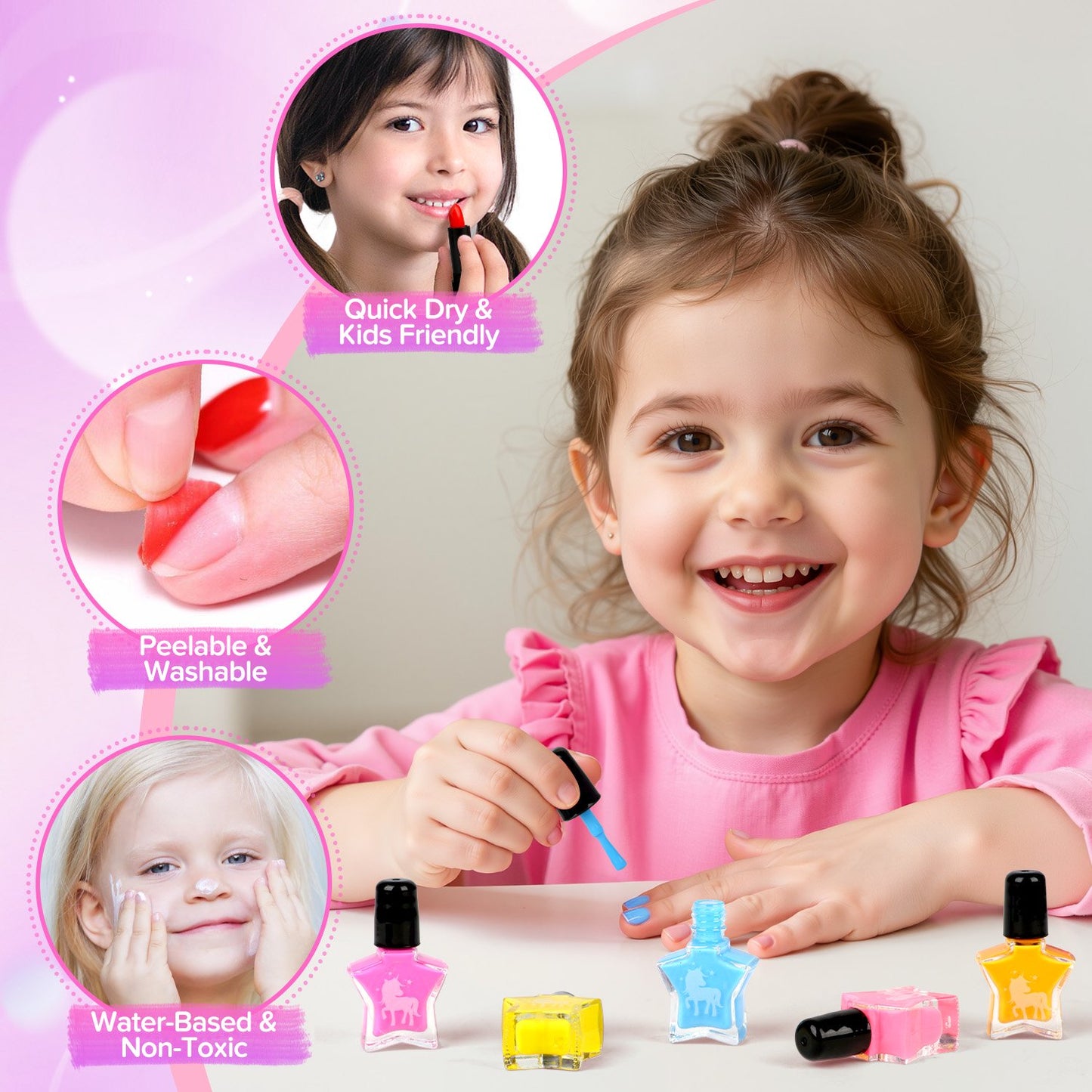 Kids Nail Polish Set & Makeup Kit for Girls, 2-In-1 Nail Art Kit with Nail Dryer & Makeup Toy, Non Toxic Peel-Off Nail Polish, Real Cosmetic, Girl Stuff Birthday Gifts for Kids Ages 3-12