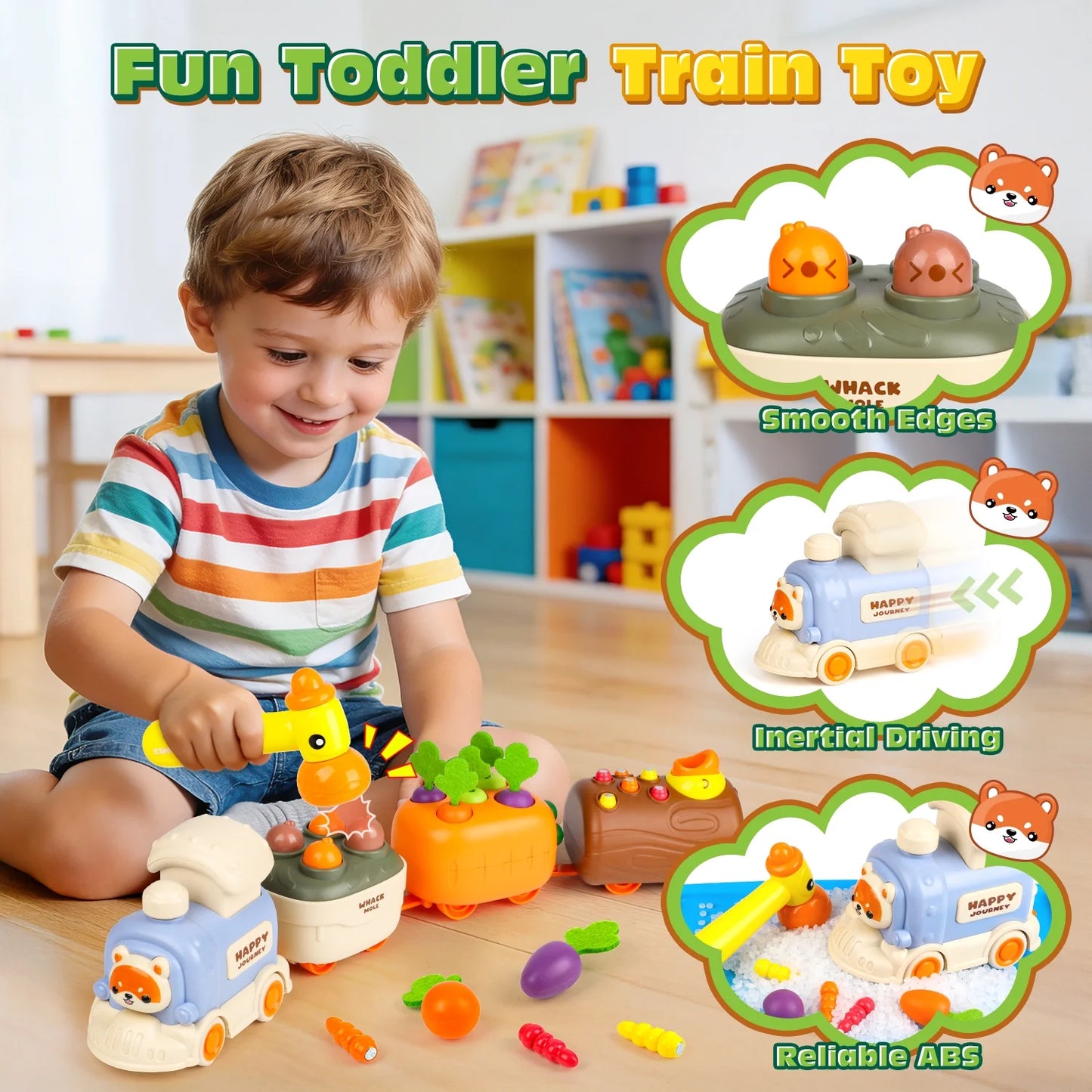 Press and Go Toy Cars for Toddlers 1-3, 4-in-1 Baby Push Car, Carrot Harvest Game, Whack-A-Mole, Woodpecker Worm, Train Car Toy Christmas Birthday Gift for 12-36 Months Baby Boys Girls