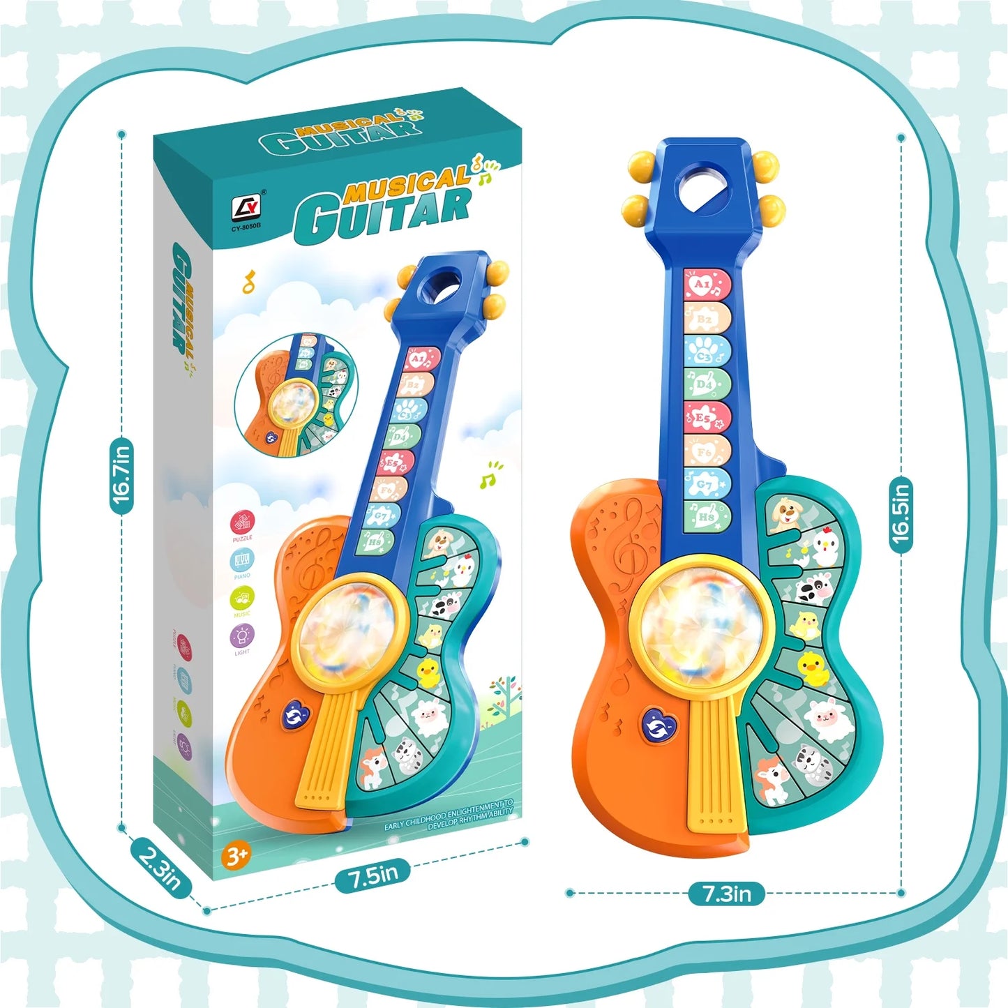 Toy Guitar for Toddlers, Baby Musical Guitar Piano Toys for 12-18 Month Baby, Multiple Modes with Animal Sound and Light, Educational Toys for 1 2 Year Old Boys Girls Birthday Gifts