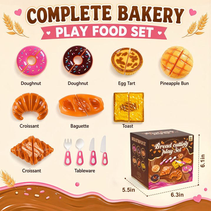 Play Food Set for Kids Kitchen, Pretend Bakery Toy Food for Toddlers 3-5, Bread Cutting Food Toys, Birthday Gift for Boys and Girls Ages 3 4 5 6 Years.