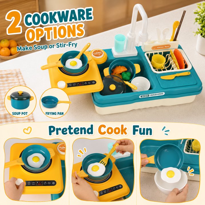Play Sink with Running Water for Toddlers 3-5, Kitchen Play Sink & Stove Toy with Electric Faucet, Play Food & kitchen Accessories, Gift for Boys Girls Ages 3+