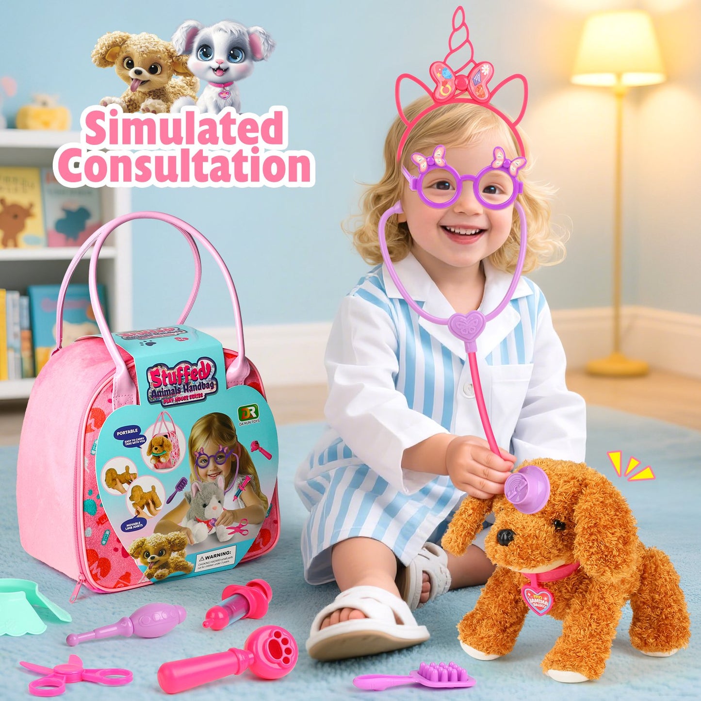 Veterinarian Kit for Kids, 12Pcs Vet Playset for Kids, Kids Doctors Play Set with Pet Handbag, Movable Joints Plush Dog Toys for Kids, Doctor Kit Birthday Gifts for Boys Girls Toddlers Ages 2 3 4