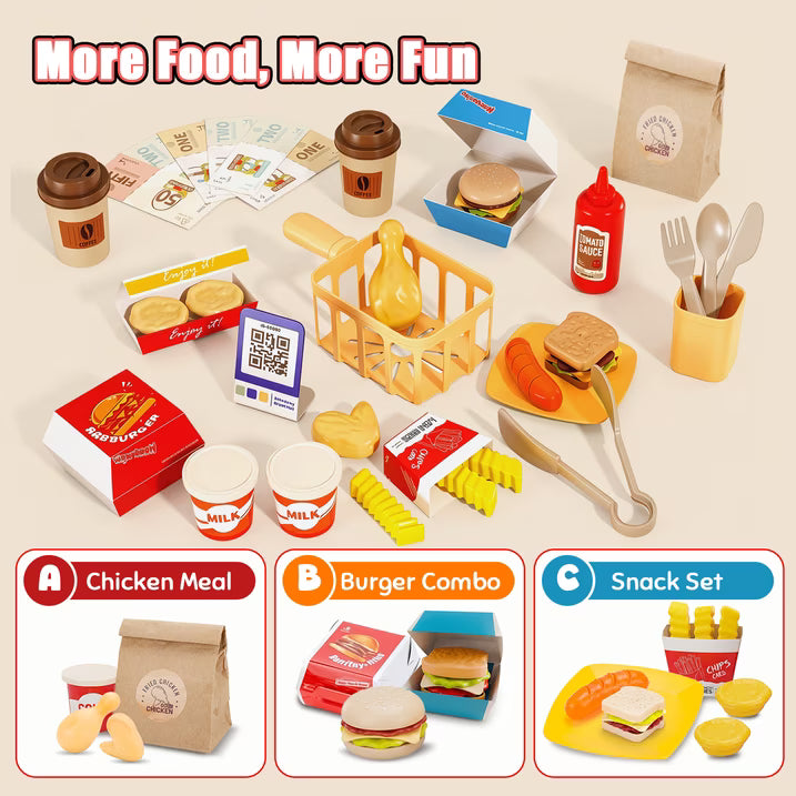 Kids Pretend Play Food Set, 52 Pcs Fried Chicken Shop Toy, Color Changing Fast Food Restaurant Toy with Burger, Fries, Coffee and Play Money, Christmas Birthday Gift for Boys Girls Ages 3-8