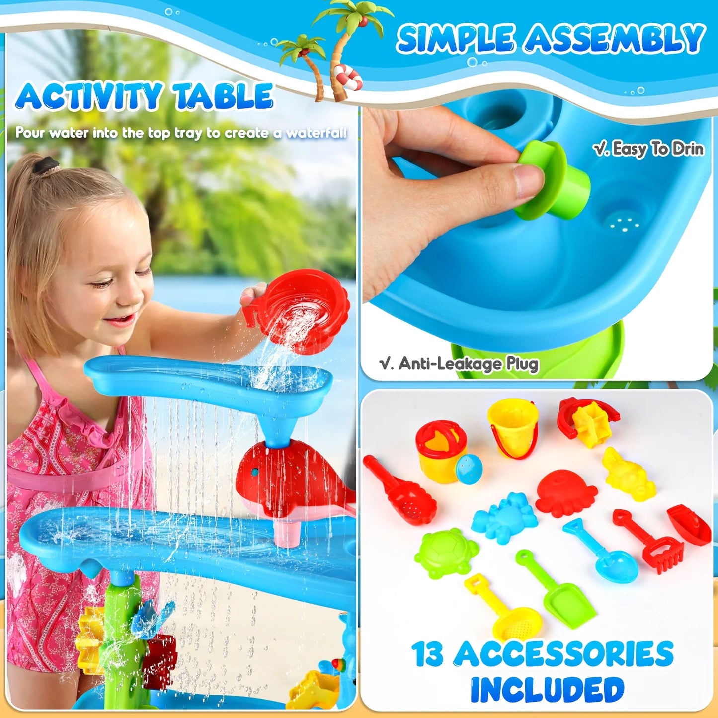 Sand Water Table for Toddlers, Summer Toys Outdoor Sand Play Set for Kids Boy Girls Aged 1 2 3+