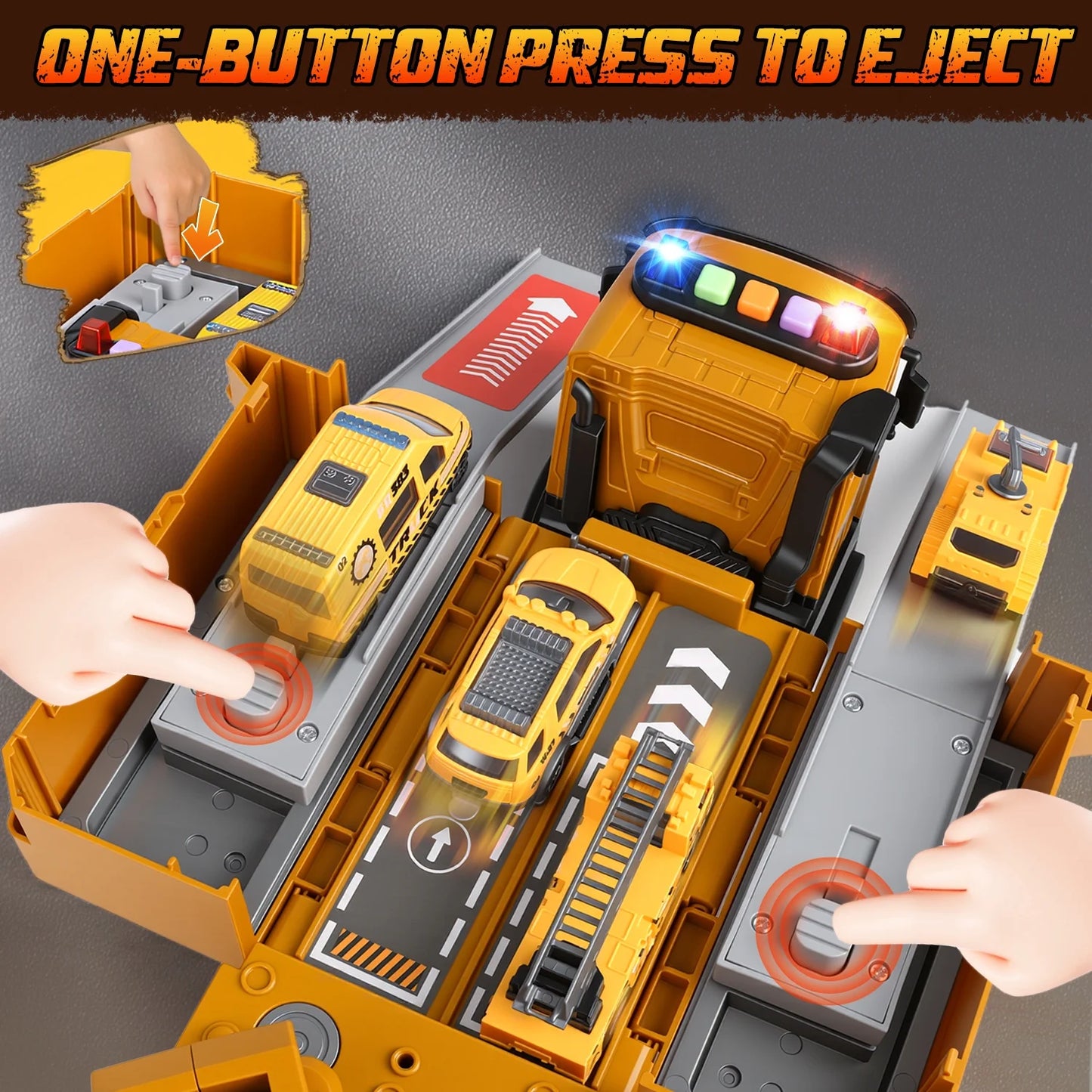 Construction Crane Truck Toys for Boys Age 4-7, Transform Ejector Truck Race Car, Construction Vehicles Toy Playset, Sounds and Lights, Christmas Birthday Gifts for 3-6 Years Old Boys Kids