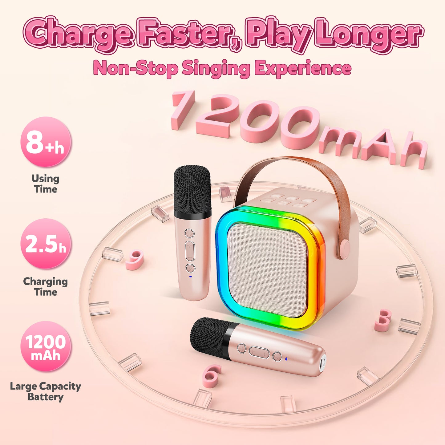 Mini Karaoke Machine for Kids, Colorful LED Portable Bluetooth Speaker with 2 Wireless Microphones, Christmas Birthday Gift Toys for Girls Ages 4-12, Pink