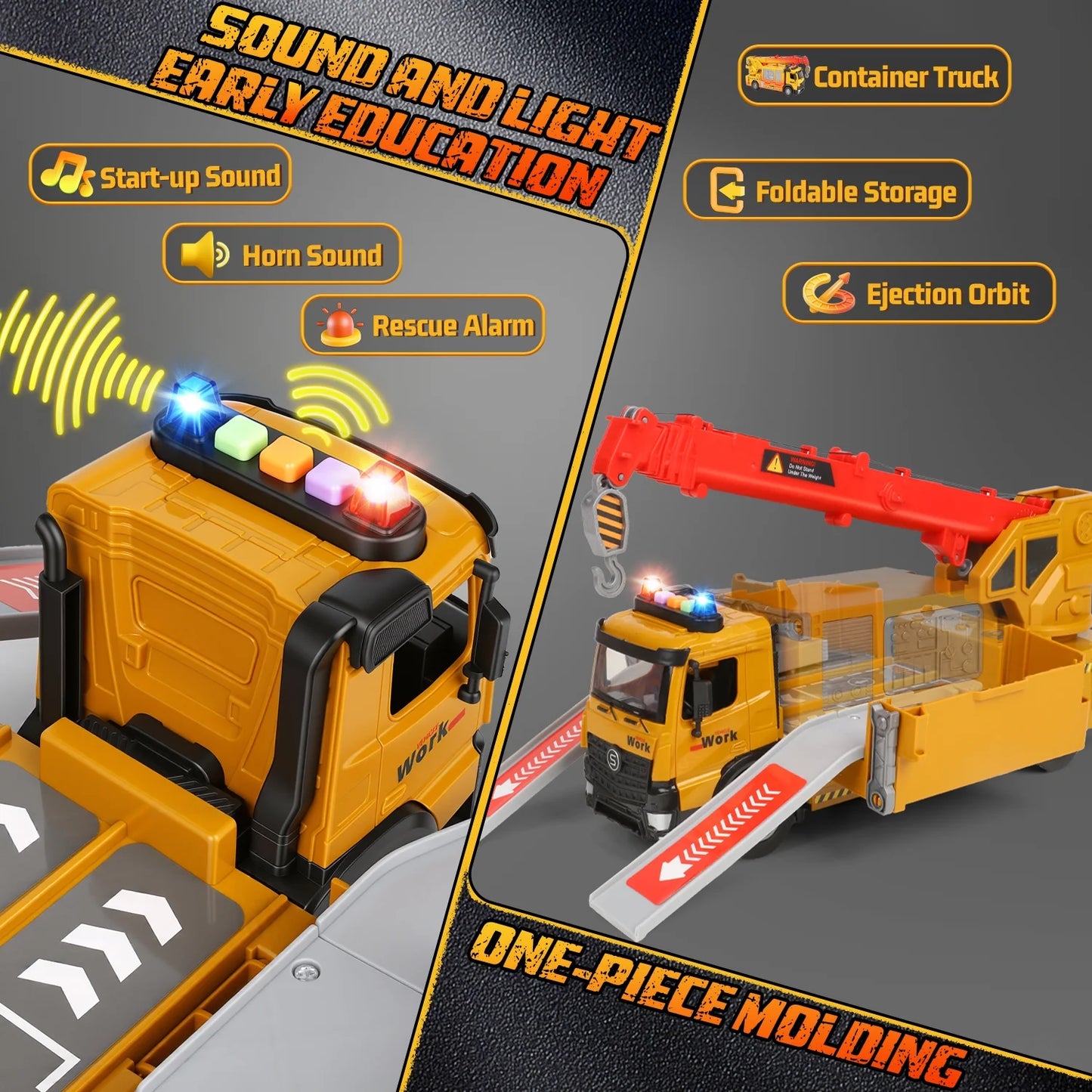 Construction Crane Truck Toys for Boys Age 4-7, Transform Ejector Truck Race Car, Construction Vehicles Toy Playset, Sounds and Lights, Christmas Birthday Gifts for 3-6 Years Old Boys Kids