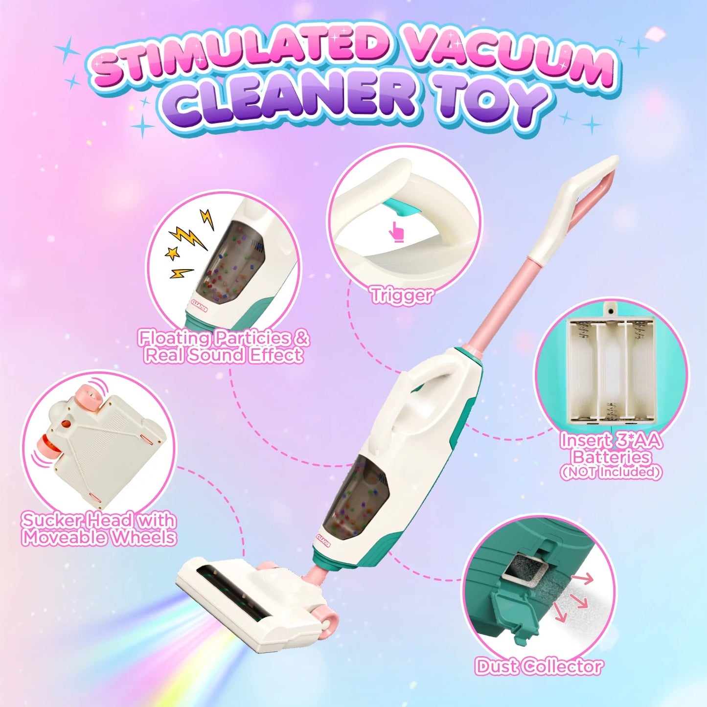 Kids Vacuum Really Works, 2 In 1 Toddler Toy Cleaning Set , Kids Vacuum Cleaner Toy with Real Suction,Sound,2 Nozzles, Pretend Play Cleaning Toy Vacuum for Toddlers 1-3, Gift for Girls Ages 3-6.