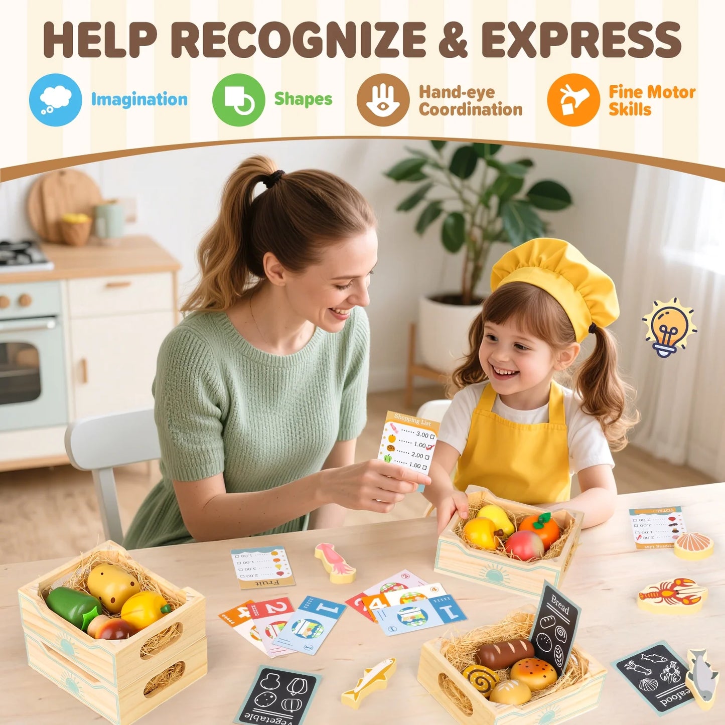 Wooden Play Food Set for Kids Kitchen, Wooden Toy Food,Pretend Play Kitchen Accessories Set, Play Food for Toddlers 1-3, 3 4 5 6 Year Kids Boys Girls Christmas Birthday Gifts