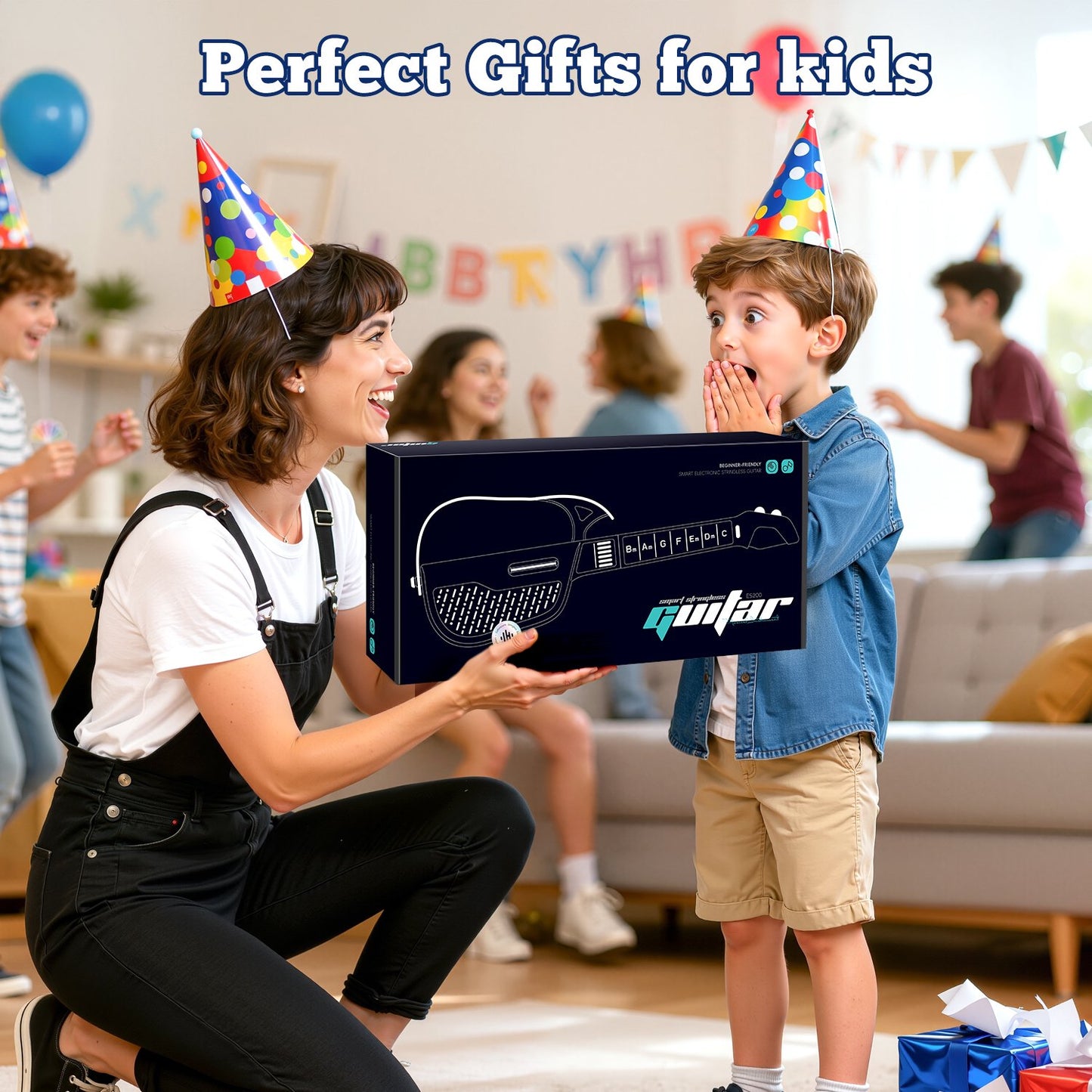 Kids Guitar Toy, Kids Electric Guitar Musical Instrument Toy, Stringless & Foldable & Three Tones Switch & Rechargeable Toddler Guitar for 3 4 5 6 Boys Girls Christmas Birthday Gifts, Black