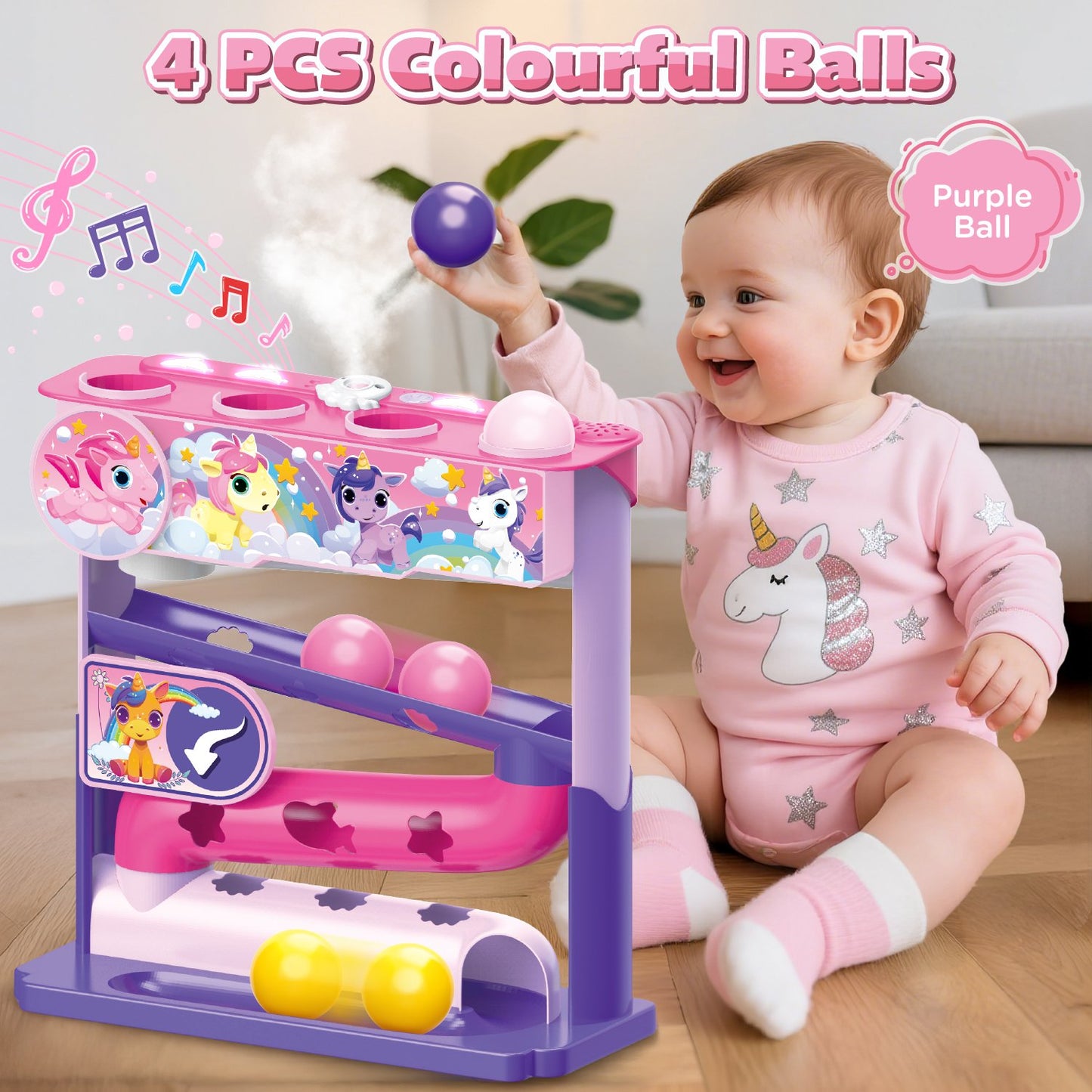 Ball Drop Toys for 1 Year Old, Stacking Toys Drop Ball Tower for Toddlers 1-3, Baby Unicorn Toy with Light Music Spraying, Drop Ball Baby Toy, Birthday Gifts for Girl Boy Age 6-18 Months Old