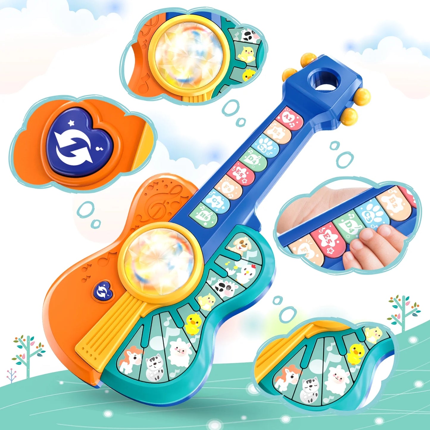 Toy Guitar for Toddlers, Baby Musical Guitar Piano Toys for 12-18 Month Baby, Multiple Modes with Animal Sound and Light, Educational Toys for 1 2 Year Old Boys Girls Birthday Gifts
