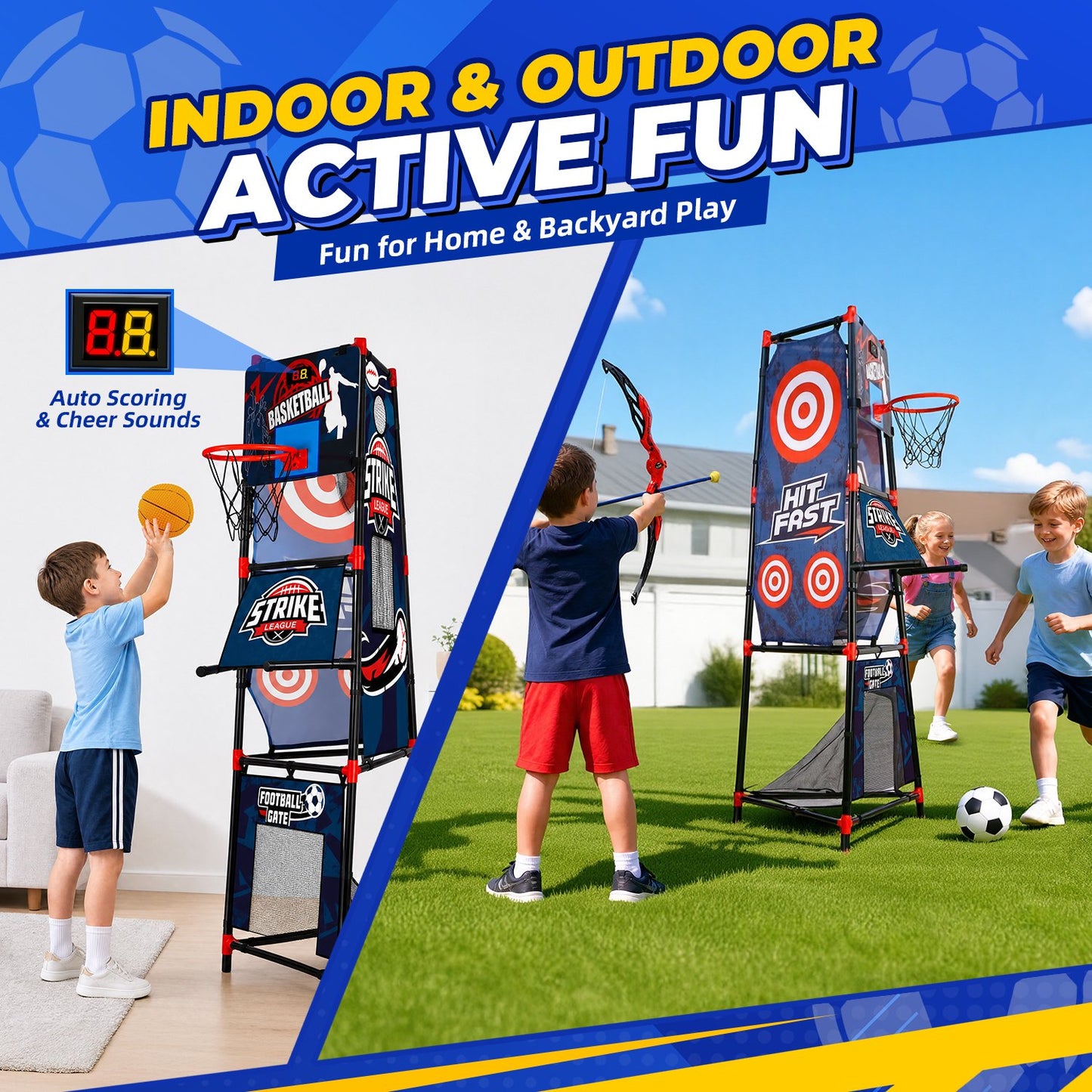 8 in 1 Kids Sports Game Set, Basketball Hoop, Soccer Goal, Football Toss & Target Games, Backyard Indoor Outdoor Toys for Kids Ages 3-8, Gifts for Toddler Boys Girls