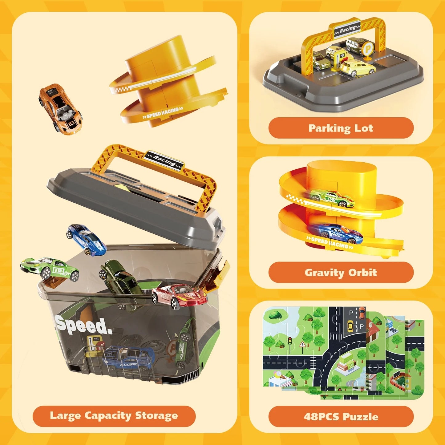 Puzzle Track Car Play Set, Parking Lot Toddler Race Car Track Toy Set for Kids with 6 Alloy Cars , Racing Toys for 3-8 Years Old Boys Kids Toddler Car Games Christmas Birthday Gifts