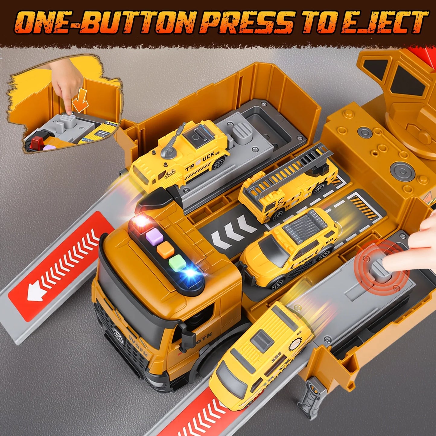 Construction Crane Truck Toys for Boys Age 4-7, Transform Ejector Truck Race Car, Construction Vehicles Toy Playset, Sounds and Lights, Christmas Birthday Gifts for 3-6 Years Old Boys Kids