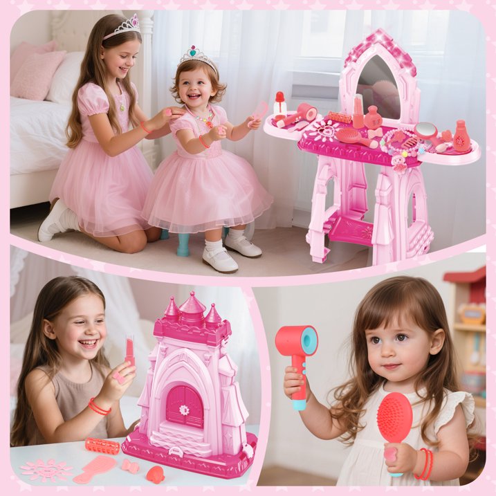2 in 1 Toddler Vanity Set Play, Girls Makeup Table with Mirror and Lights, Castle with Storage Space, Kids Vanity Pretend Makeup Set Toys, Birthday Gifts for Toddler Girls 2 3 4 5 6 Year Old