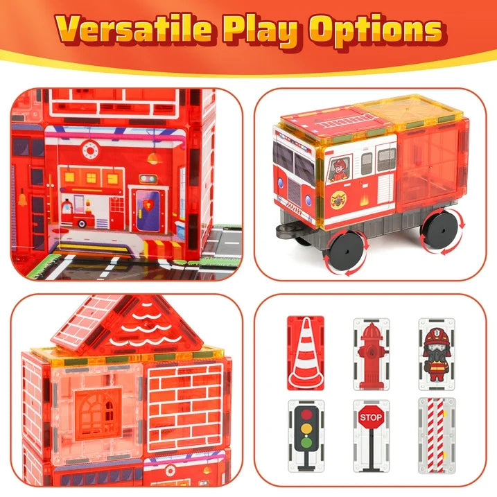 Magnetic Tiles for Kids Ages 4-8, 60Pcs Magnetic Building Blocks, Construction Firetruck Toys Magnetic Tiles Road Set, Educational STEM Toys Christmas Birthday Gifts for Boys Girls Toddlers 3-5
