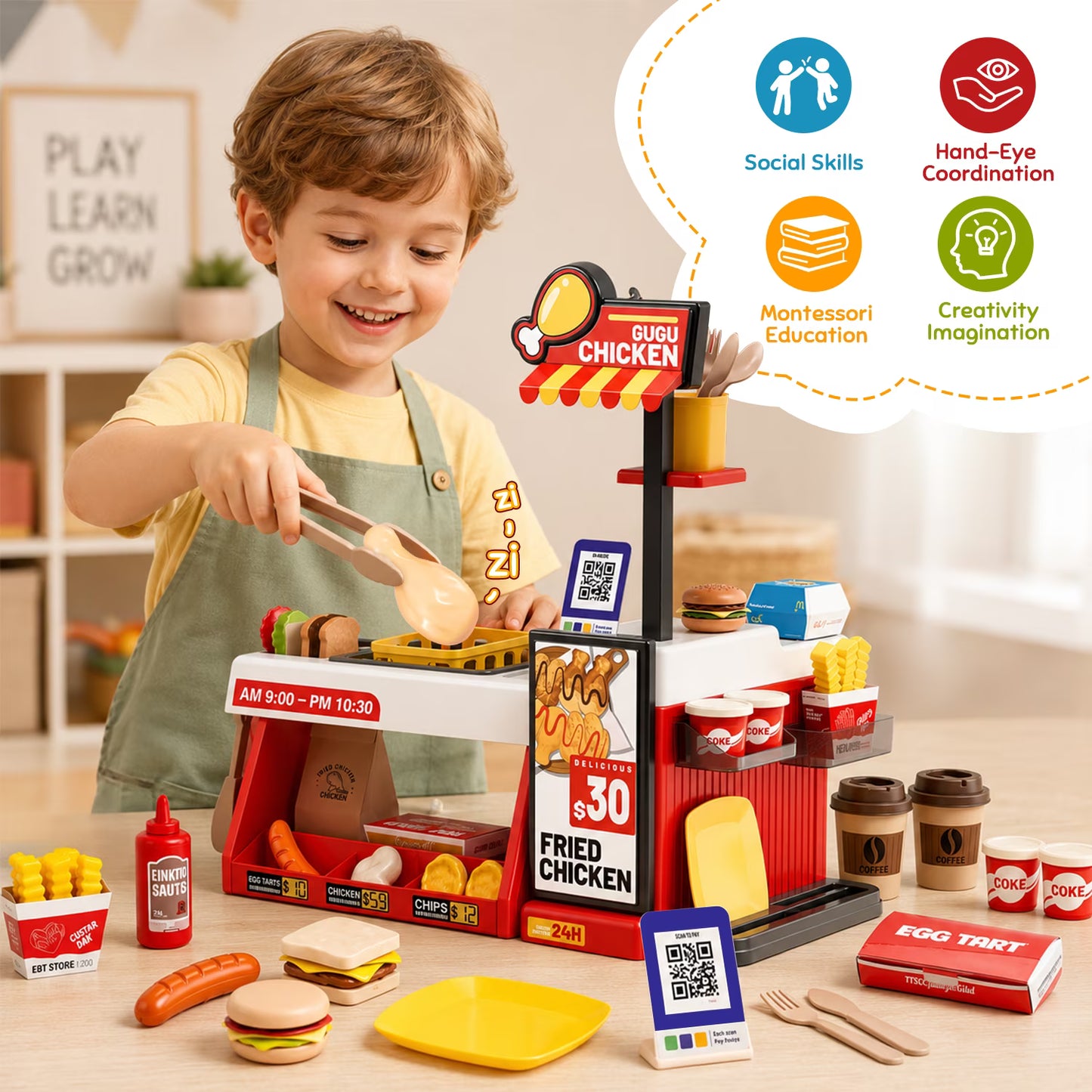 Kids Pretend Play Food Set, 52 Pcs Fried Chicken Shop Toy, Color Changing Fast Food Restaurant Toy with Burger, Fries, Coffee and Play Money, Christmas Birthday Gift for Boys Girls Ages 3-8