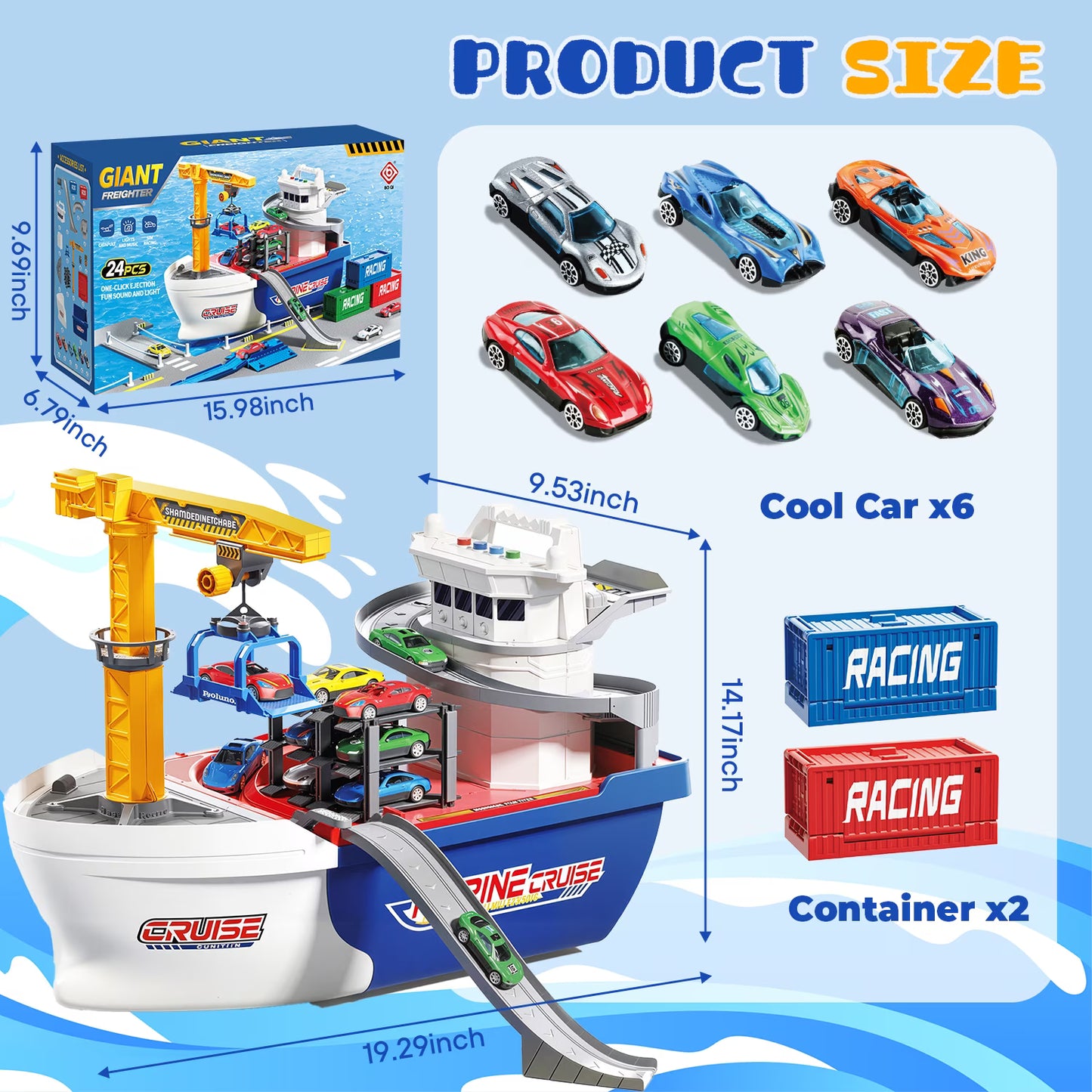 Cargo Ship Toy & Crane for kids, Toy Boat and Crane Playset, Race Track with 6 Cars, Transport Cruise Ship, Cargo Boat Toy Birthday Gift for 3 4 5 6 7 8 Years Old Boys Kids