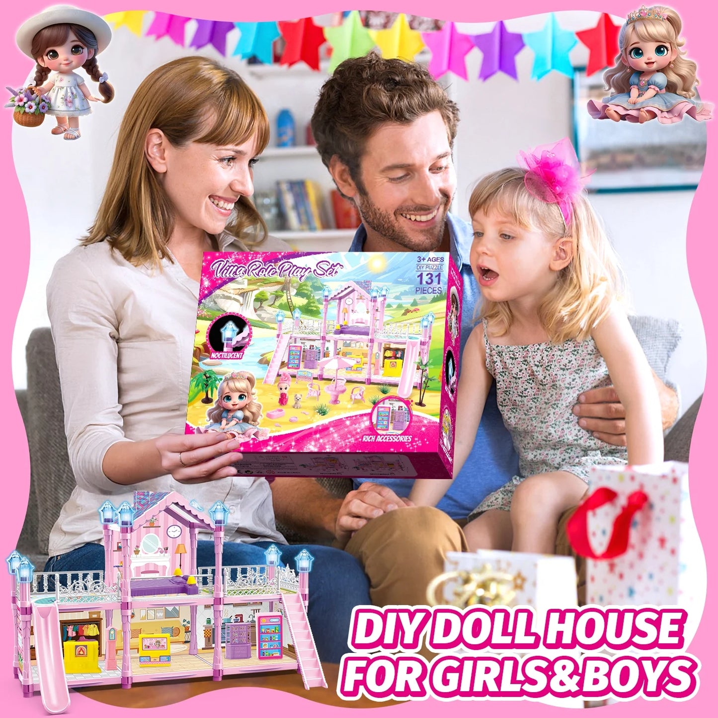 Dollhouse Kit for Girls Ages 3-6, 131PCS Pink DIY Pretend Play Toy House With Slide, Lights, 4 Rooms 2 Balconies Furniture, Birthday Gift for 2 3 4 5 Years Old Girls/Kids/Toddlers.