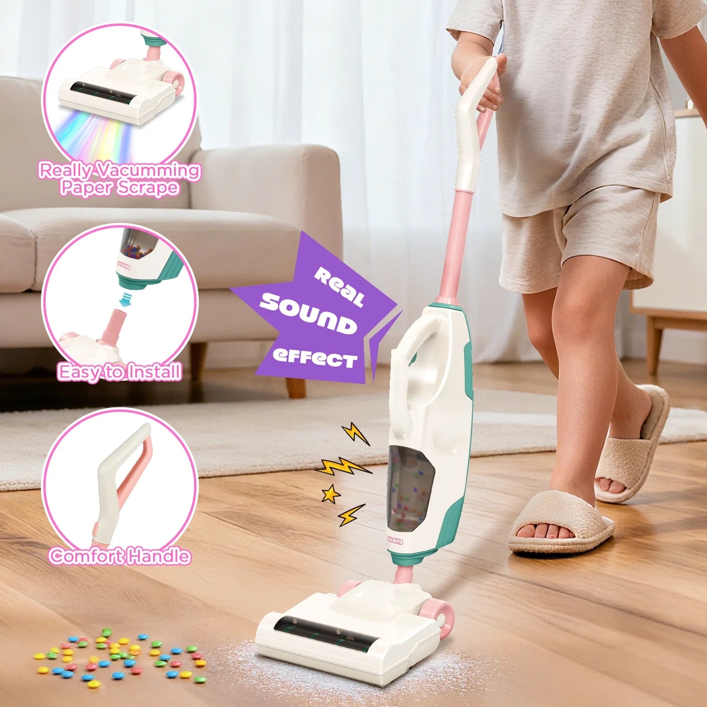 Kids Vacuum Really Works, 2 In 1 Toddler Toy Cleaning Set , Kids Vacuum Cleaner Toy with Real Suction,Sound,2 Nozzles, Pretend Play Cleaning Toy Vacuum for Toddlers 1-3, Gift for Girls Ages 3-6.