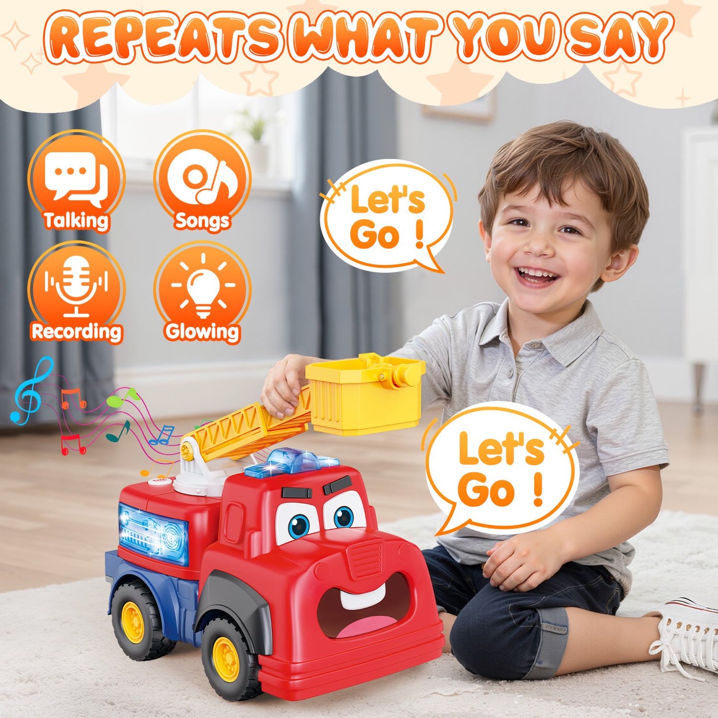 Fire Truck Toy for Toddlers 1-3, Interactive Talking Musical Car Toy, Recording Repeating Truck, Realistic Sirens & Sounds & Lights, Kids Fire Learning Toy for 2 Year Boy Girl Birthday Gifts