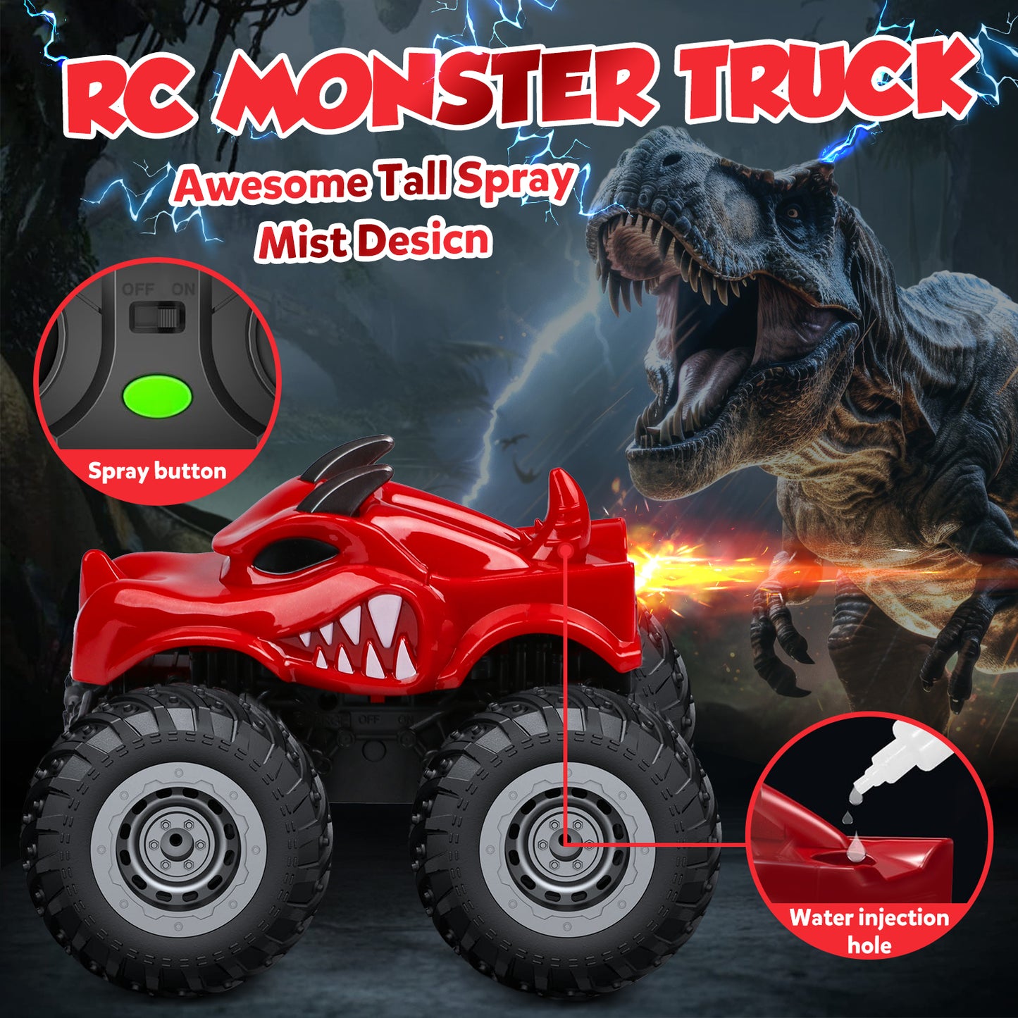 Remote Control Dinosaur Toy Cars for Kids, 2.4 GHz RC Monster Trucks for Boy with Spray, All Terrain RC Dinosaur Car, Christmas Birthday Gifts for ages 3 4 5 4 6 7 8 Boys Toys, Red