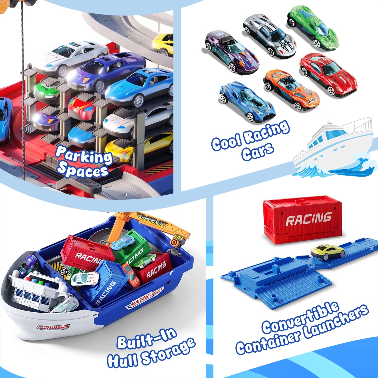 Cargo Ship Toy & Crane for kids, Toy Boat and Crane Playset, Race Track with 6 Cars, Transport Cruise Ship, Cargo Boat Toy Birthday Gift for 3 4 5 6 7 8 Years Old Boys Kids