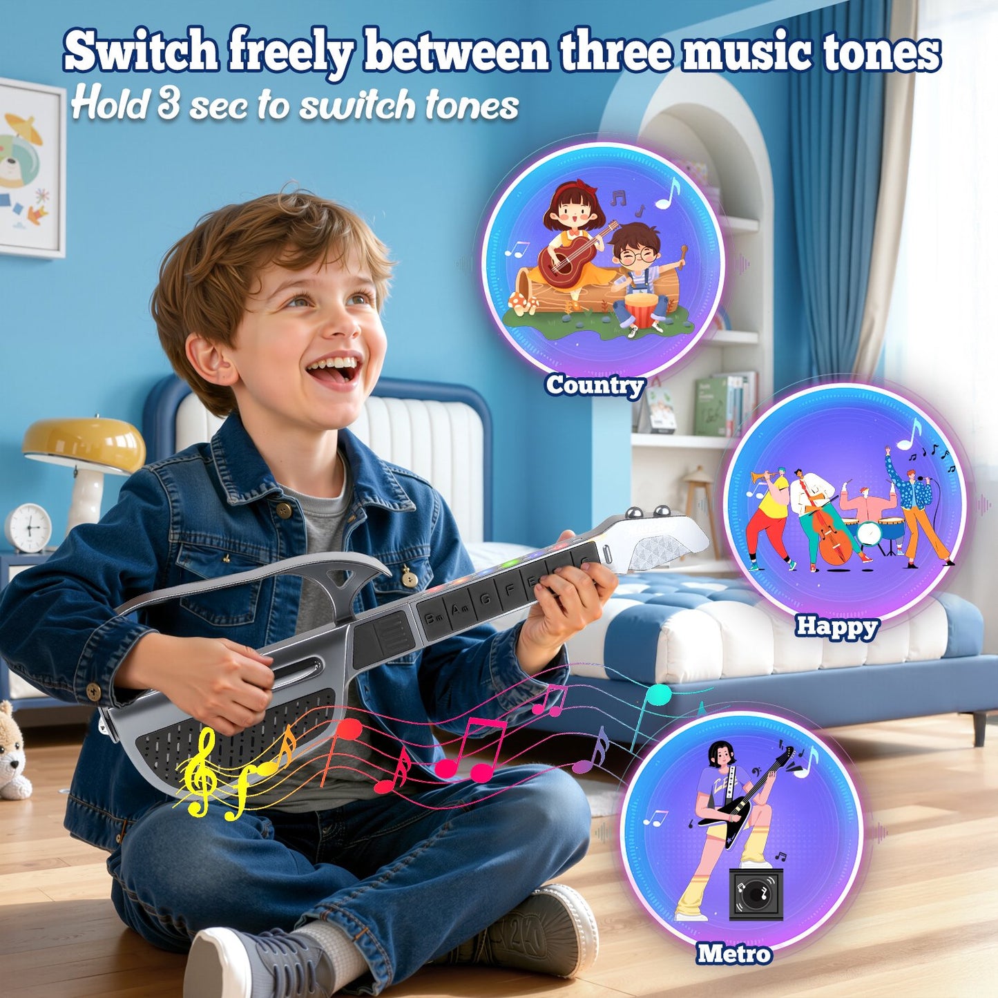 Kids Guitar Toy, Kids Electric Guitar Musical Instrument Toy, Stringless & Foldable & Three Tones Switch & Rechargeable Toddler Guitar for 3 4 5 6 Boys Girls Christmas Birthday Gifts, Black