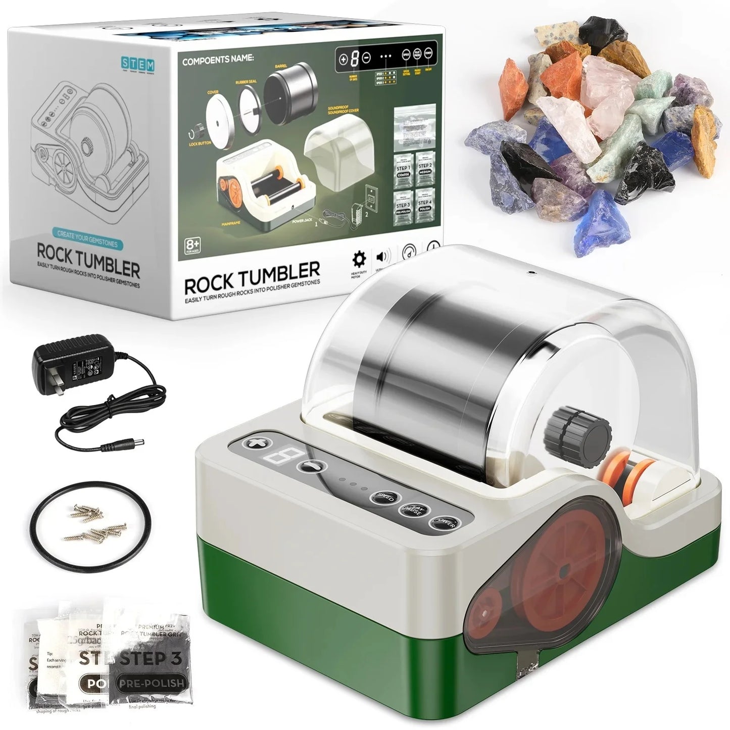Rock Tumbler Kit for Adults/Kids, Rock Polisher Tumbler Kit Adult with Noise Reduction & Digital 9-Day Timer & 3 Speed Settings, STEM Science Kit Gift for Kids Age 8+, Boys Girls Toys
