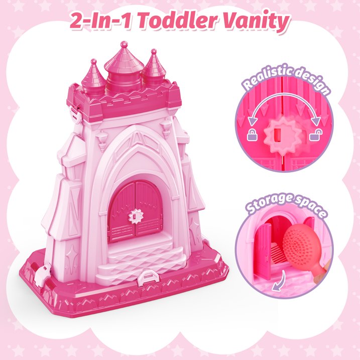 2 in 1 Toddler Vanity Set Play, Girls Makeup Table with Mirror and Lights, Castle with Storage Space, Kids Vanity Pretend Makeup Set Toys, Birthday Gifts for Toddler Girls 2 3 4 5 6 Year Old