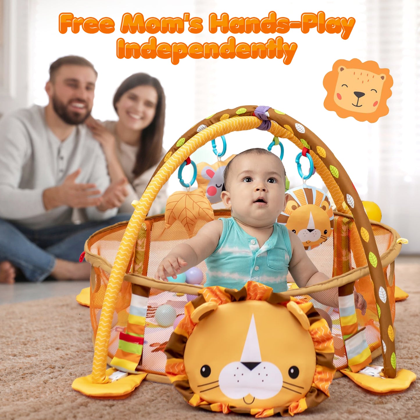 3-in-1 Baby Play Gym, Baby Play Activity Mat with Ocean Ball Sensory Toys, Gift for Newborn Infant Toddlers 0-36 Months, Yellow Lion