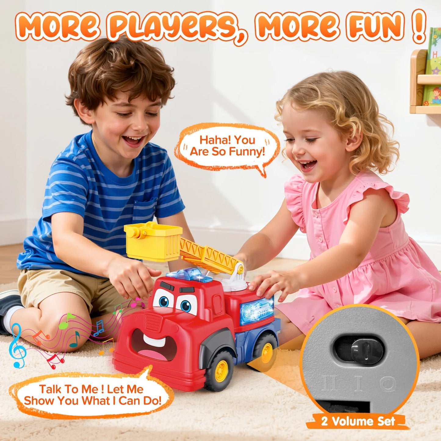 Fire Truck Toy for Toddlers 1-3, Interactive Talking Musical Car Toy, Recording Repeating Truck, Realistic Sirens & Sounds & Lights, Kids Fire Learning Toy for 2 Year Boy Girl Birthday Gifts