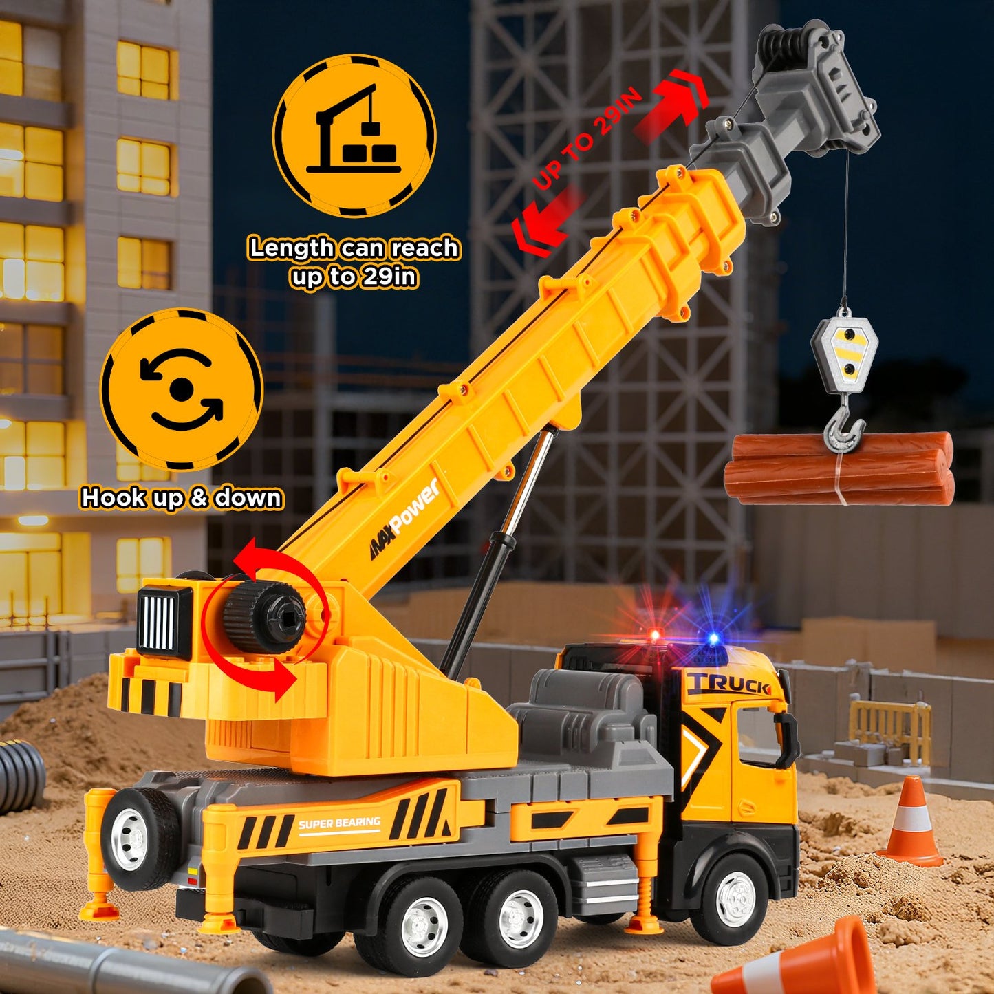 Kids Construction Toys for Boys 3-6, Crane Truck Toy for Toddlers, 29In Crane Arm Alloy Engineering Vehicles with Light & Sound, Crane Model Toy Birthday Gift for 4-7 Years Old Boys Kids.